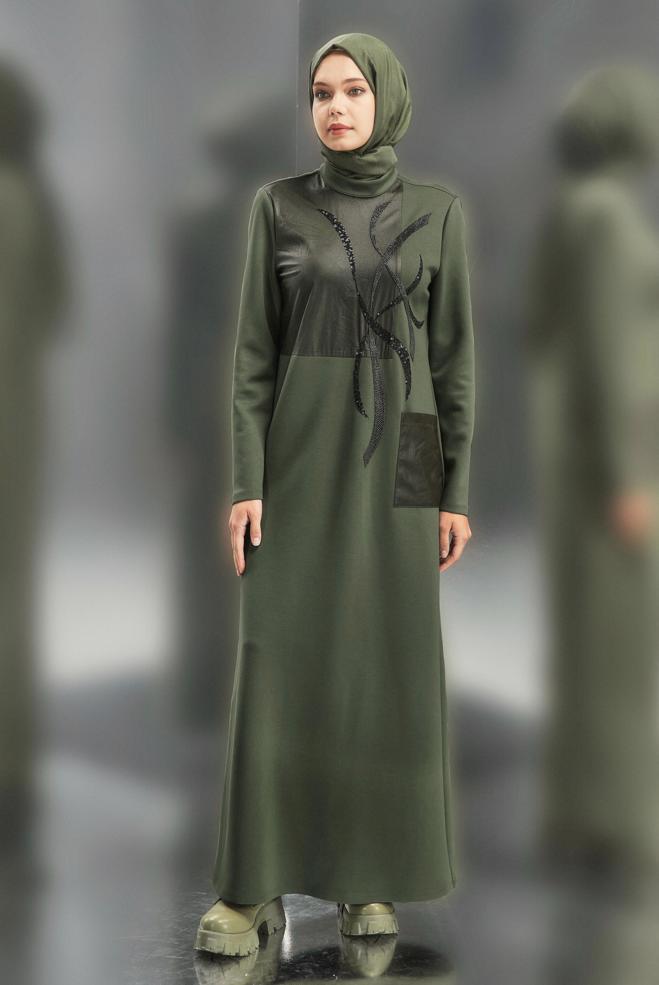 Vêtements hijab KAKI ROBE MODESTE BRODÉE DE PIERRES PRÉCIEUSES 45058 - ALVİNA