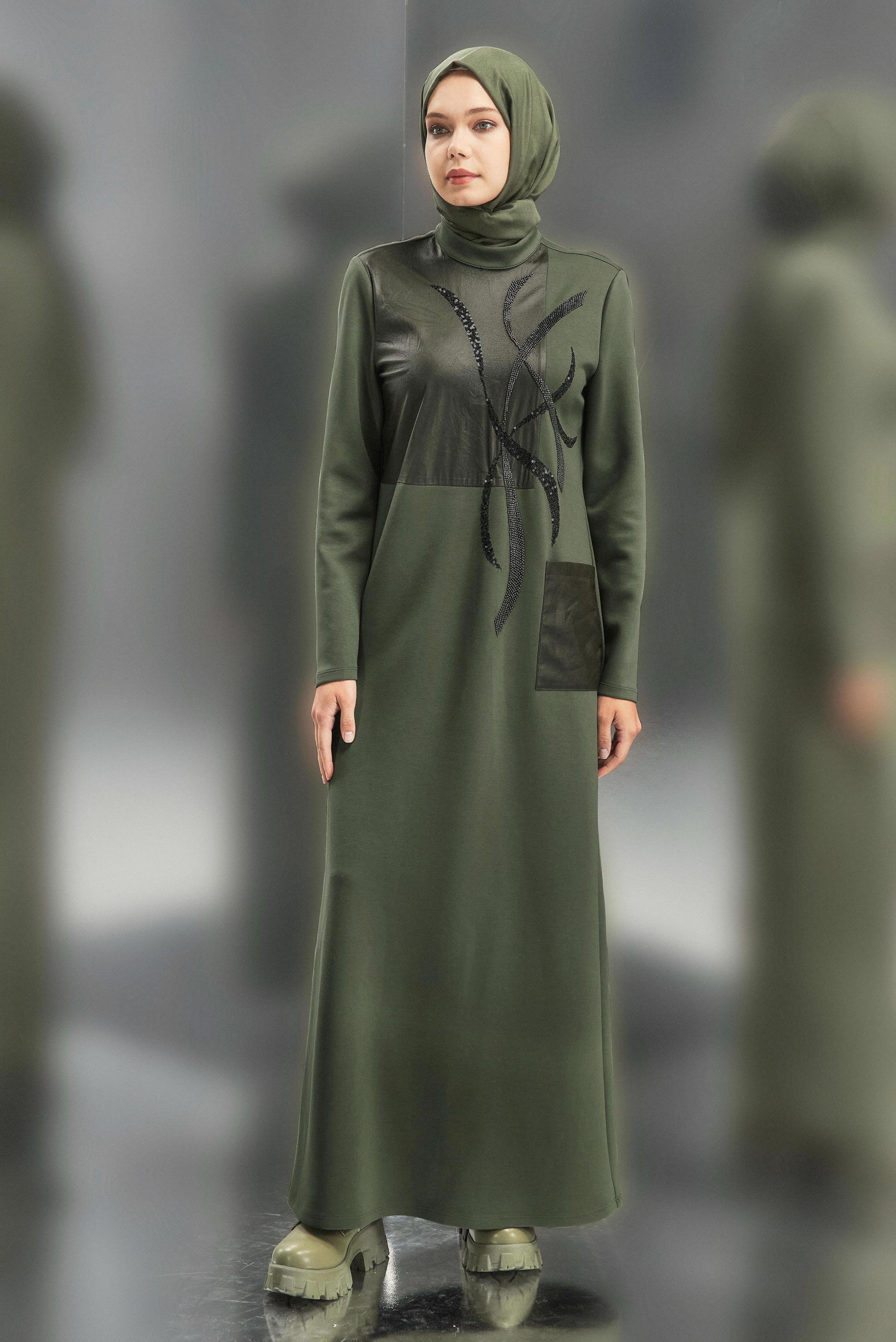 Hijab clothing KHAKI GEM EMBROIDERED MODEST DRESS 45058