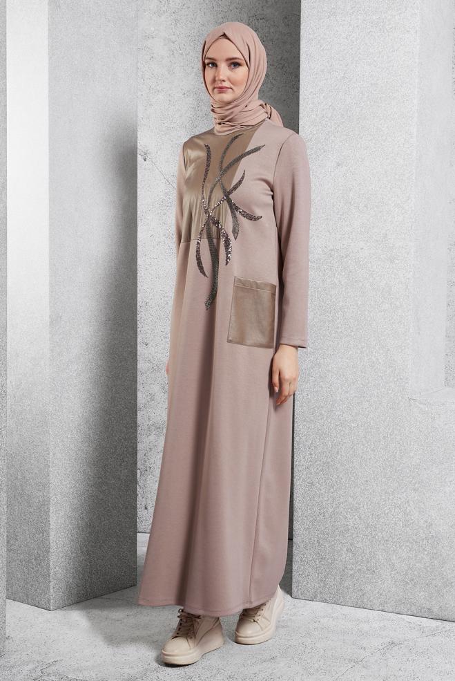 Vêtements hijab VISON ROBE MODESTE BRODÉE DE PIERRES PRÉCIEUSES 45058 - ALVİNA