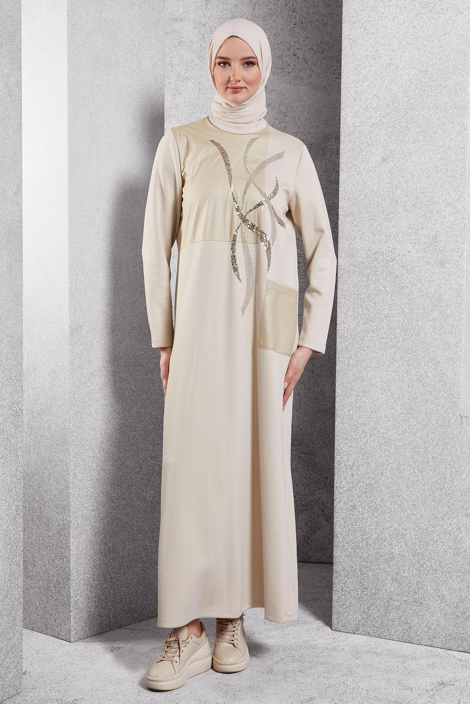 Vêtements hijab ÉCRUE ROBE MODESTE BRODÉE DE PIERRES PRÉCIEUSES 45058