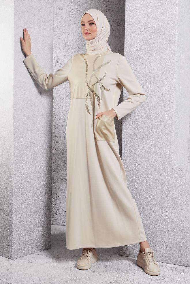 Vêtements hijab ÉCRUE ROBE MODESTE BRODÉE DE PIERRES PRÉCIEUSES 45058 - ALVİNA