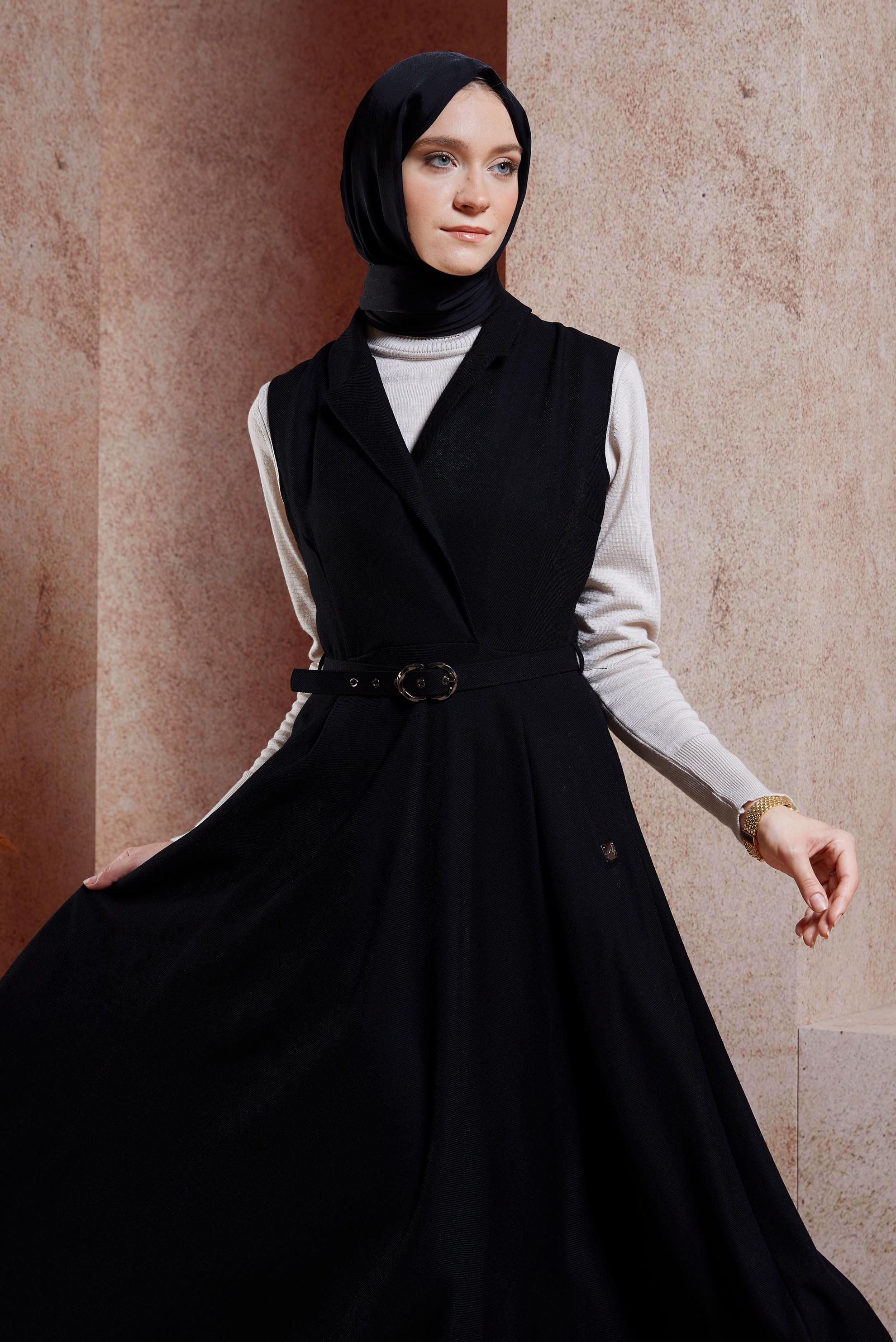 Tesettür giyim SİYAH KEMERLİ JİLE ELBİSE 45071