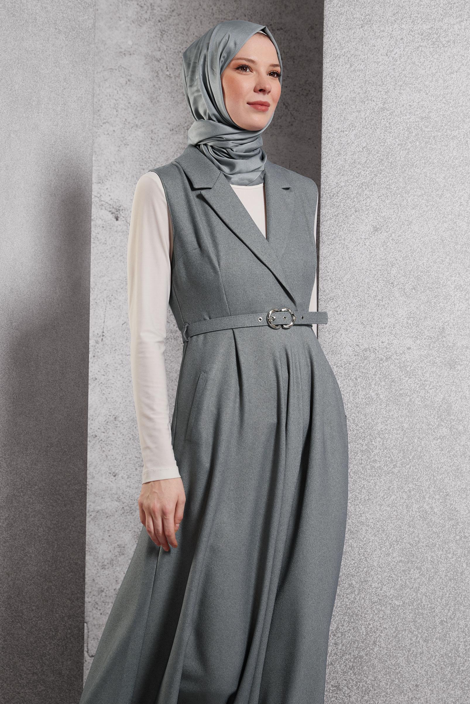 Tesettür giyim GRİ KEMERLİ JİLE ELBİSE 45071
