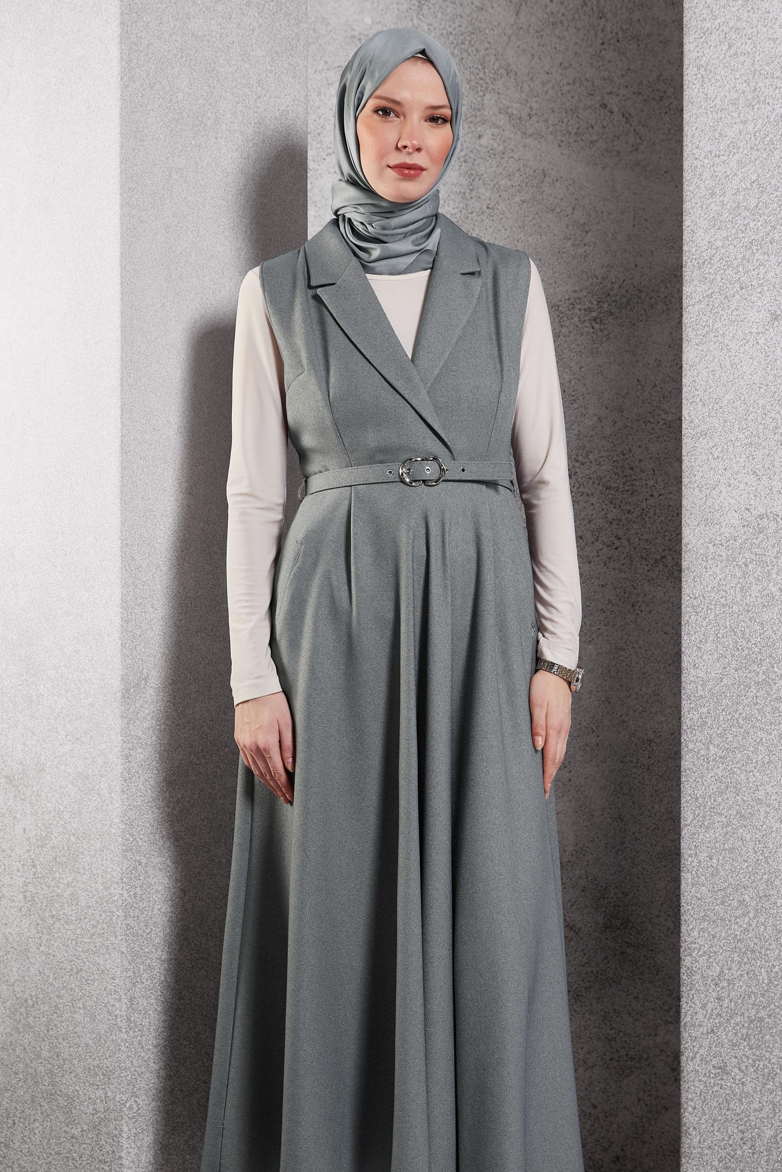 Tesettür giyim GRİ KEMERLİ JİLE ELBİSE 45071