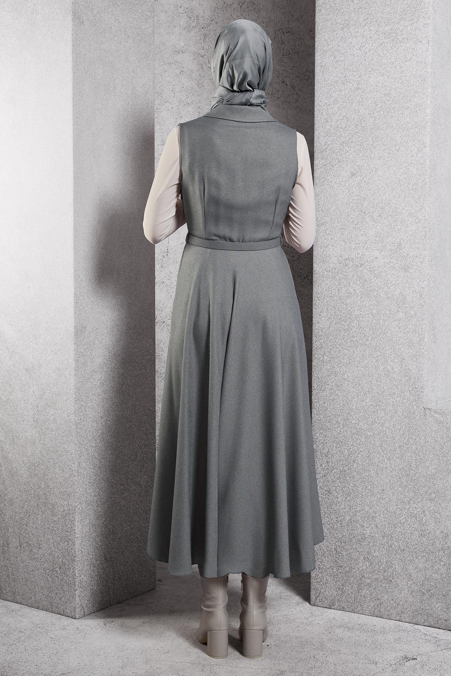 Tesettür giyim GRİ KEMERLİ JİLE ELBİSE 45071