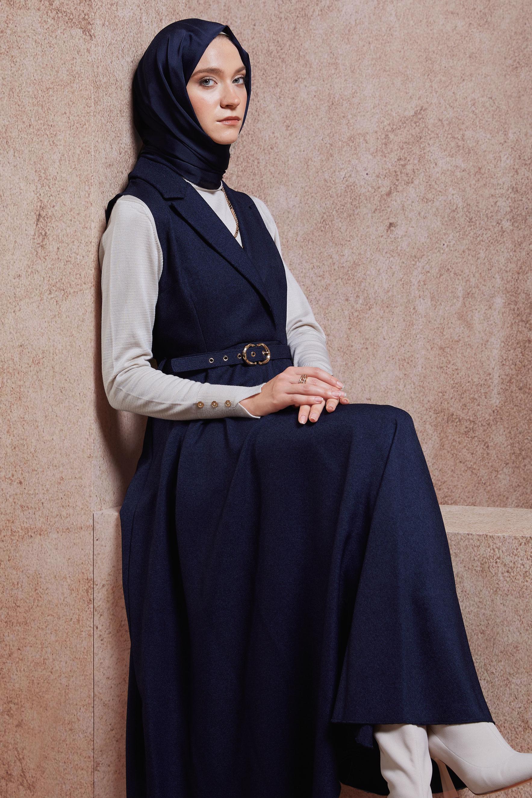 Tesettür giyim LACİVERT KEMERLİ JİLE ELBİSE 45071