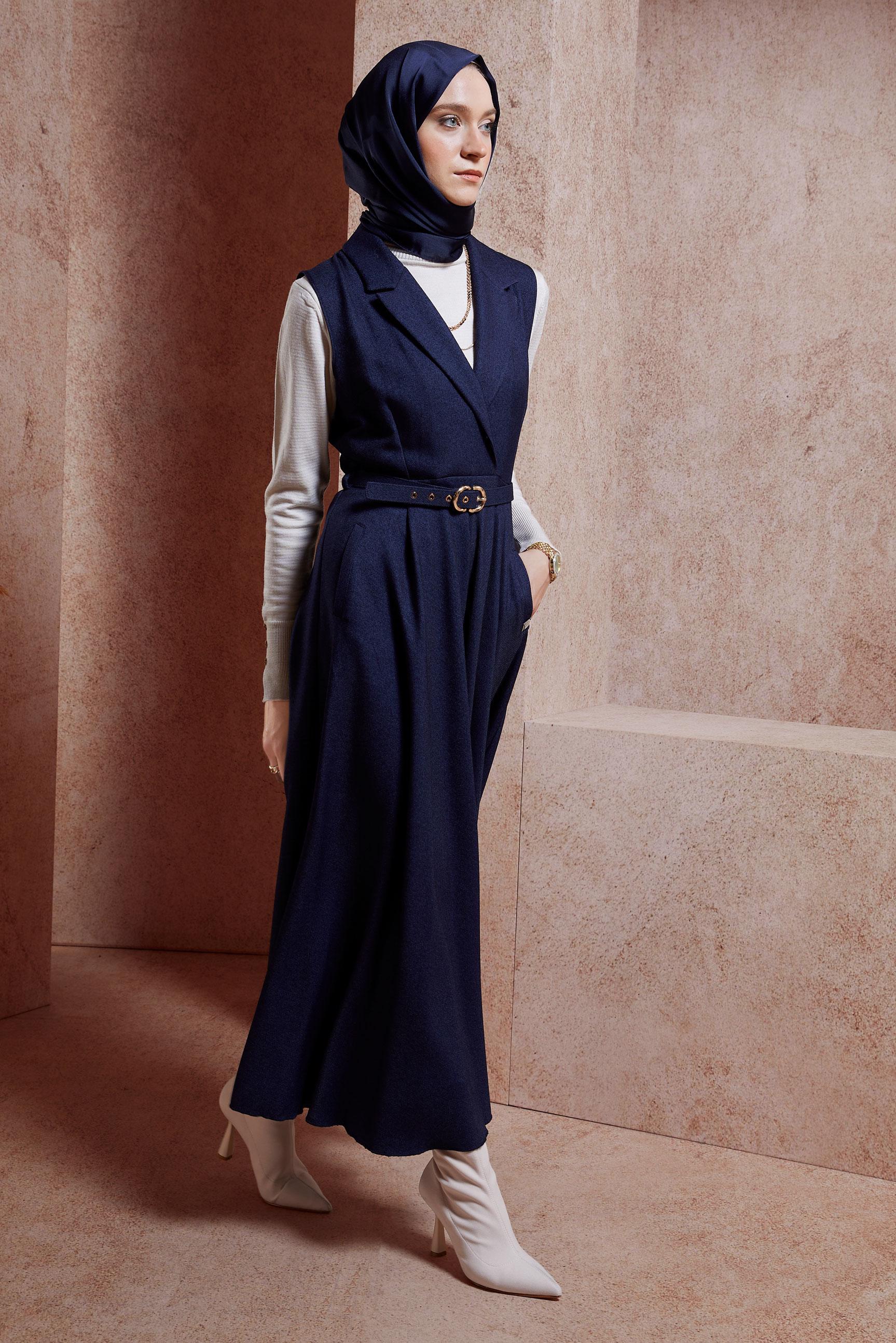 Tesettür giyim LACİVERT KEMERLİ JİLE ELBİSE 45071
