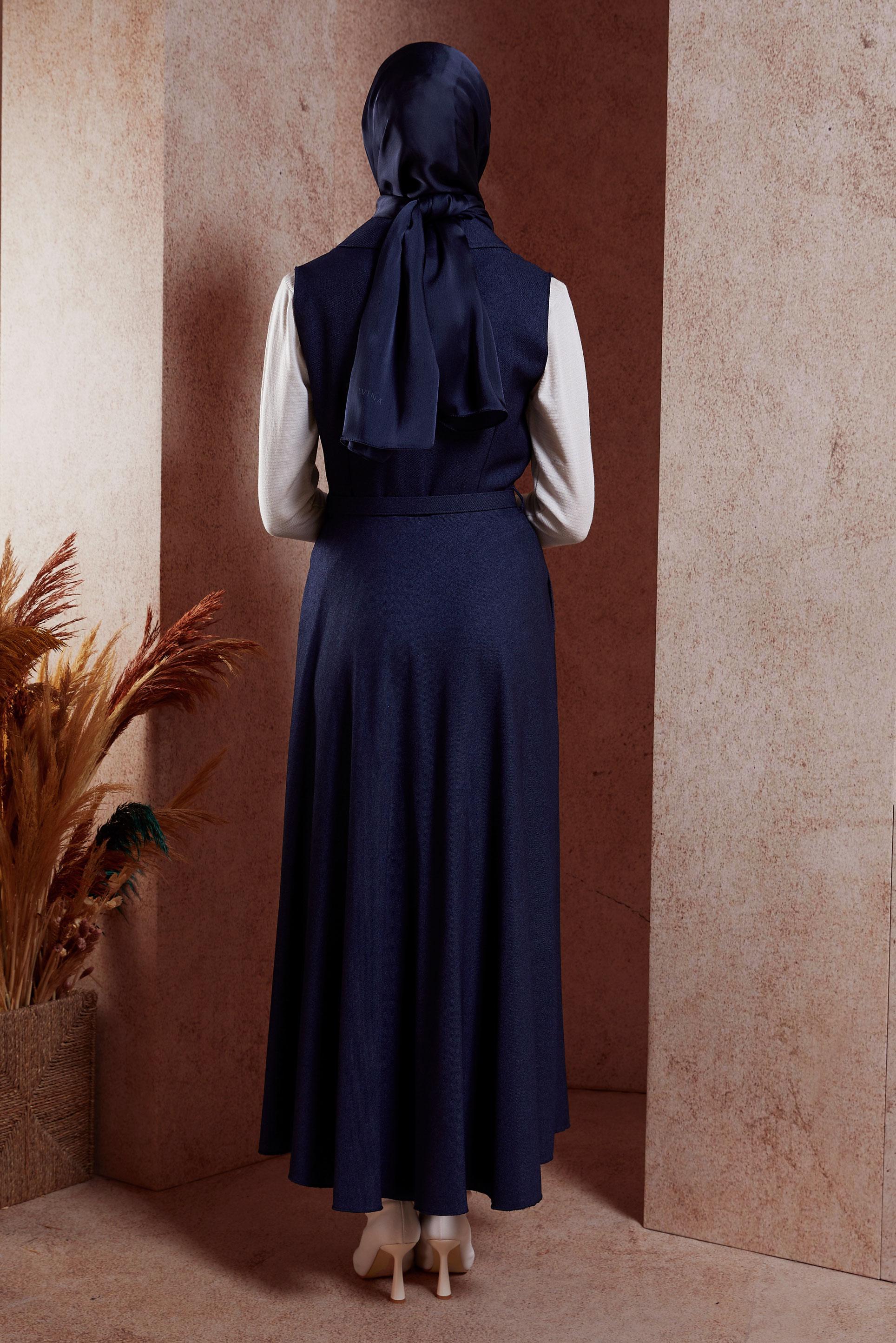 Tesettür giyim LACİVERT KEMERLİ JİLE ELBİSE 45071