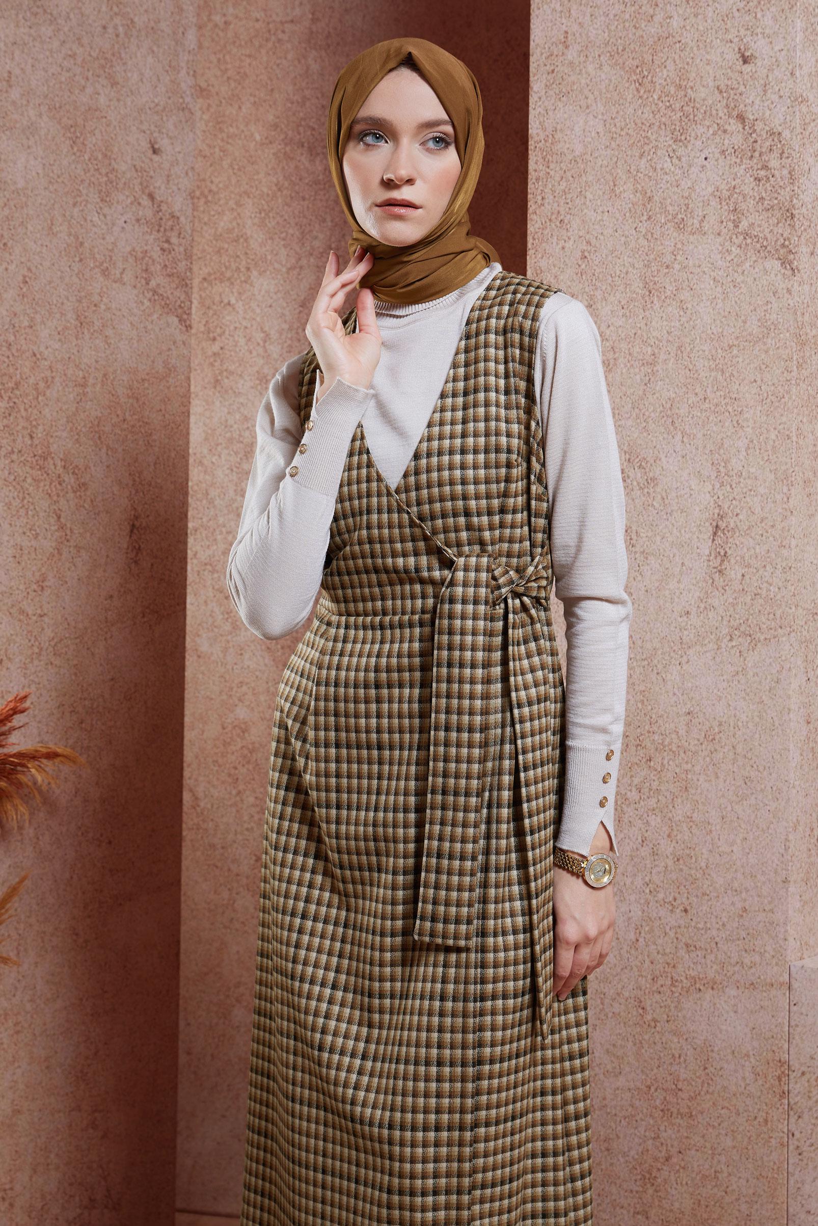 Tesettür giyim KAHVE BAĞLAMA DETAYLI JİLE ELBİSE 45072