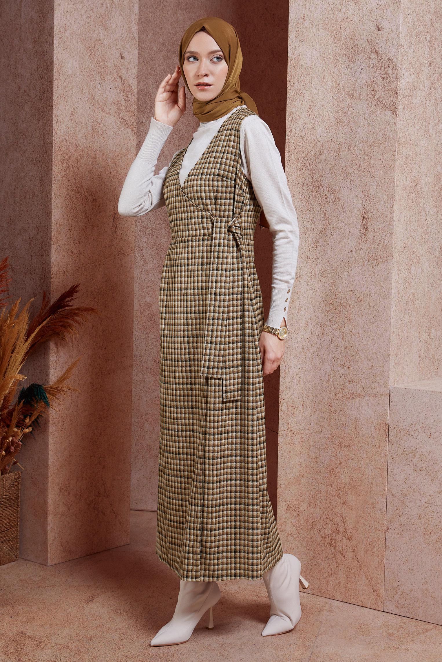 Tesettür giyim KAHVE BAĞLAMA DETAYLI JİLE ELBİSE 45072