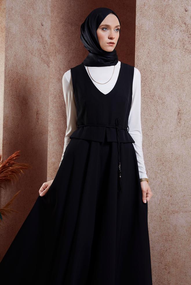 Vêtements hijab NOIR ROBE SALOPETTE À TAILLE NOUÉE 45074 - ALVİNA