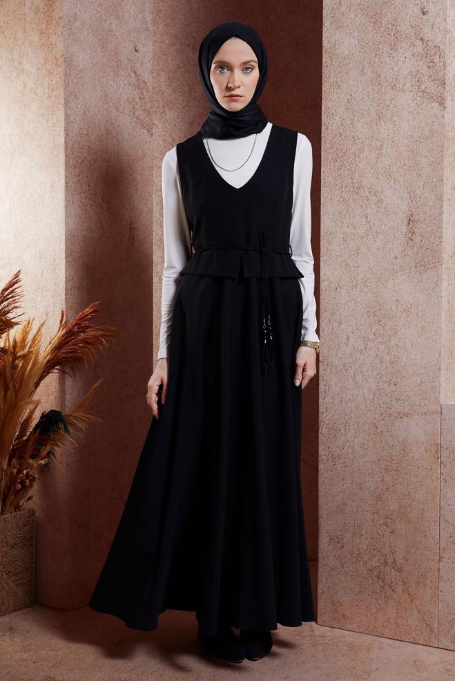 Vêtements hijab NOIR ROBE SALOPETTE À TAILLE NOUÉE 45074 - ALVİNA