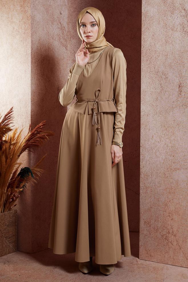 Vêtements hijab BRUN ROBE SALOPETTE À TAILLE NOUÉE 45074 - ALVİNA