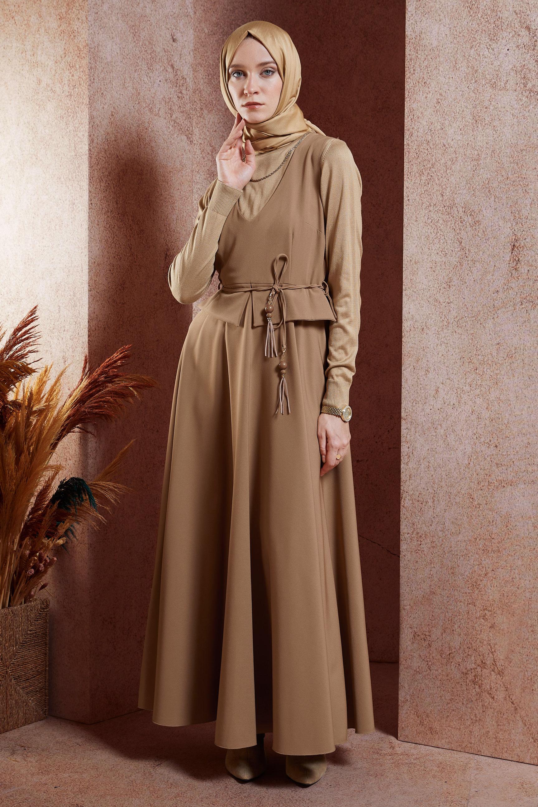 Vêtements hijab BRUN ROBE SALOPETTE À TAILLE NOUÉE 45074