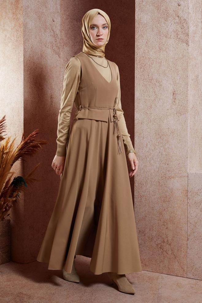 Vêtements hijab BRUN ROBE SALOPETTE À TAILLE NOUÉE 45074 - ALVİNA