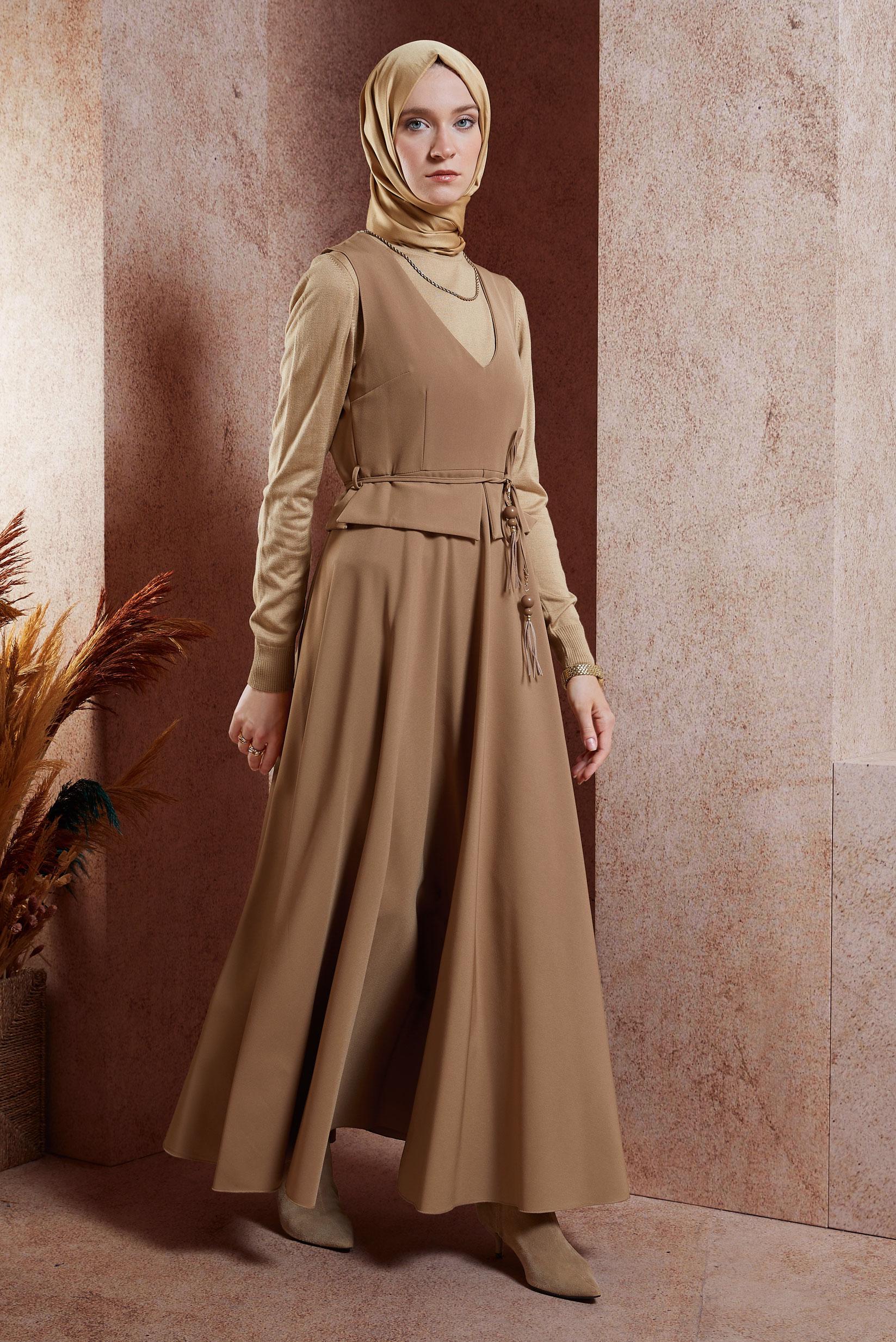 Vêtements hijab BRUN ROBE SALOPETTE À TAILLE NOUÉE 45074