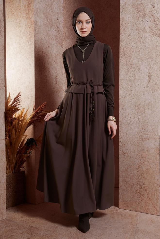 Vêtements hijab BRUN ROBE SALOPETTE À TAILLE NOUÉE 45074 - ALVİNA