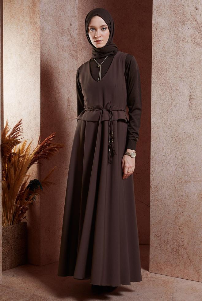 Vêtements hijab BRUN ROBE SALOPETTE À TAILLE NOUÉE 45074 - ALVİNA