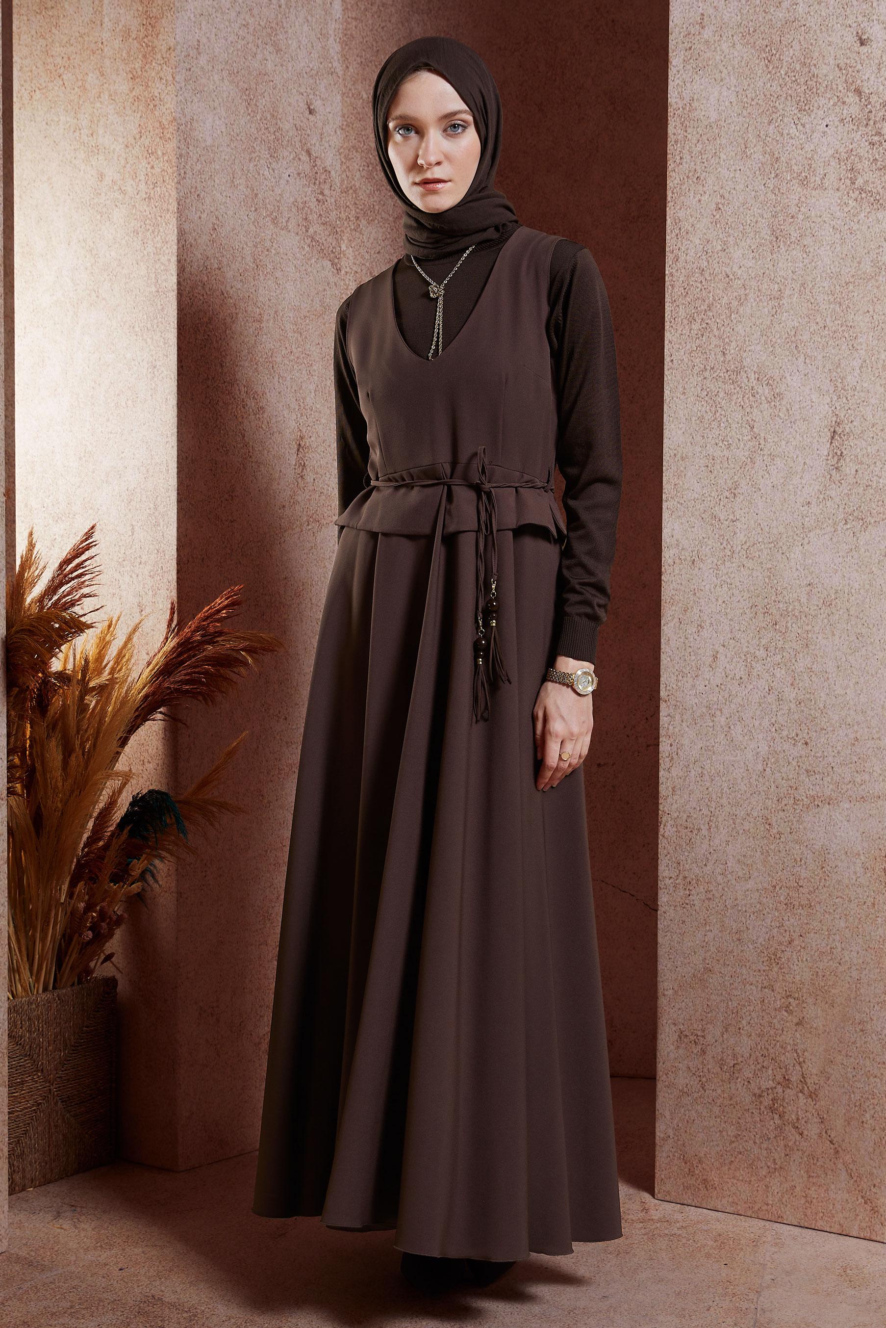 Vêtements hijab BRUN ROBE SALOPETTE À TAILLE NOUÉE 45074