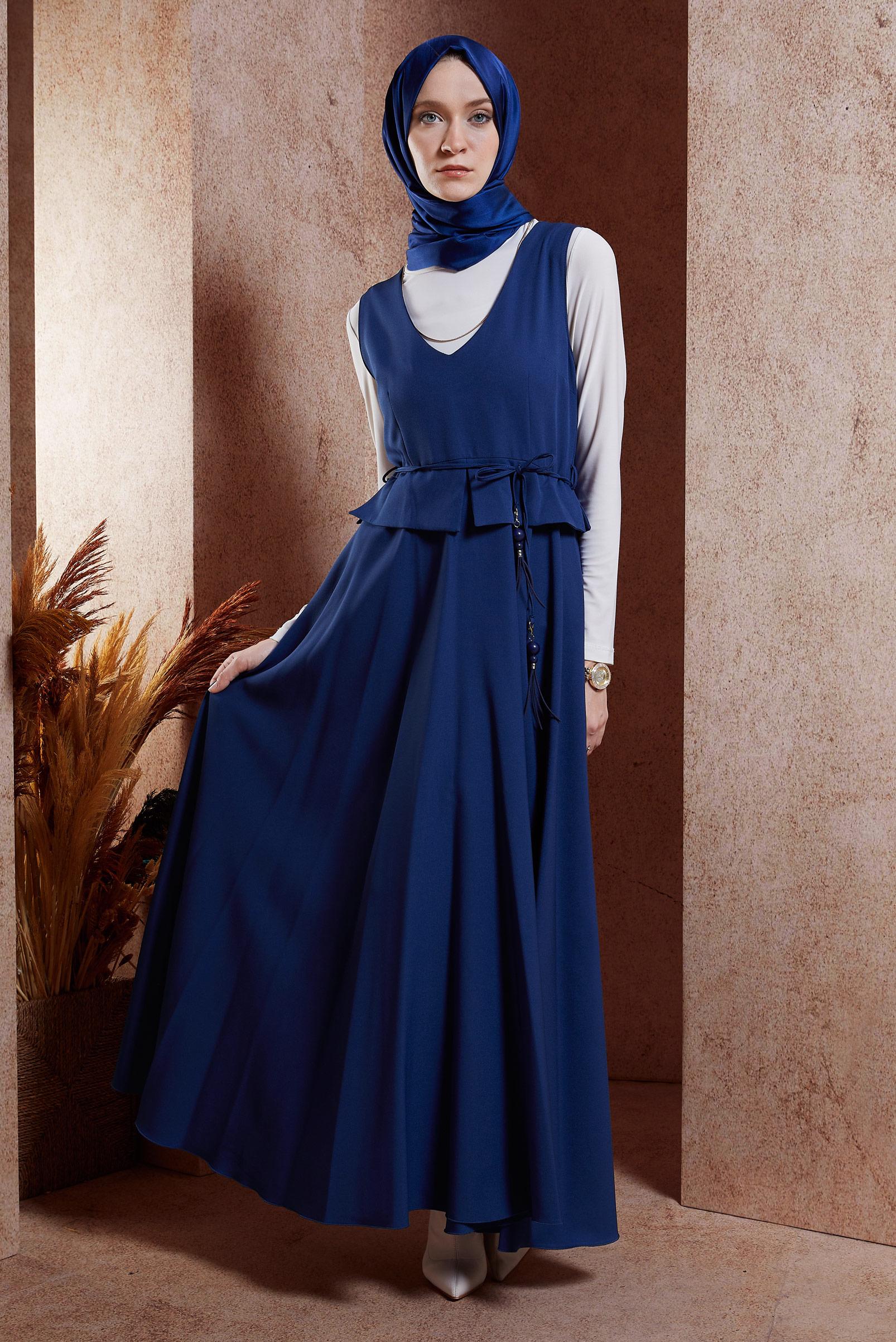 Tesettür giyim LACİVERT BELİ BAĞCIKLI JİLE ELBİSE 45074