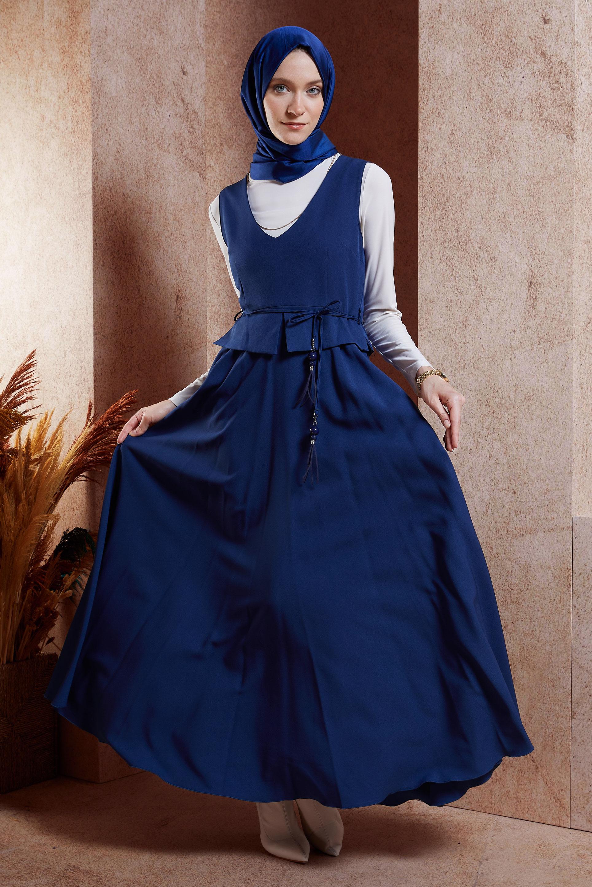 Tesettür giyim LACİVERT BELİ BAĞCIKLI JİLE ELBİSE 45074