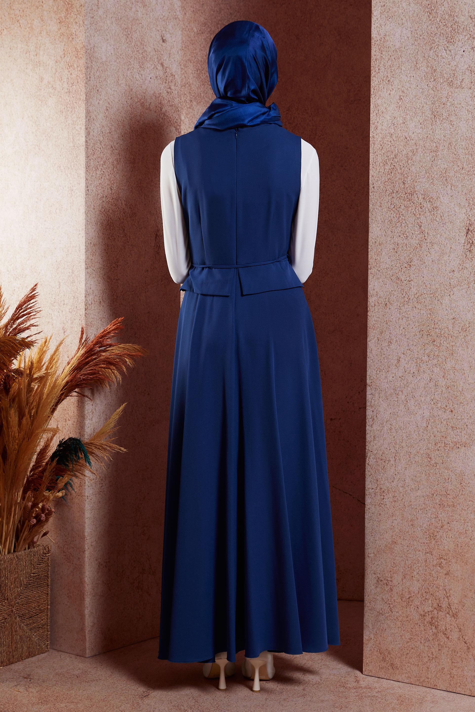 Tesettür giyim LACİVERT BELİ BAĞCIKLI JİLE ELBİSE 45074