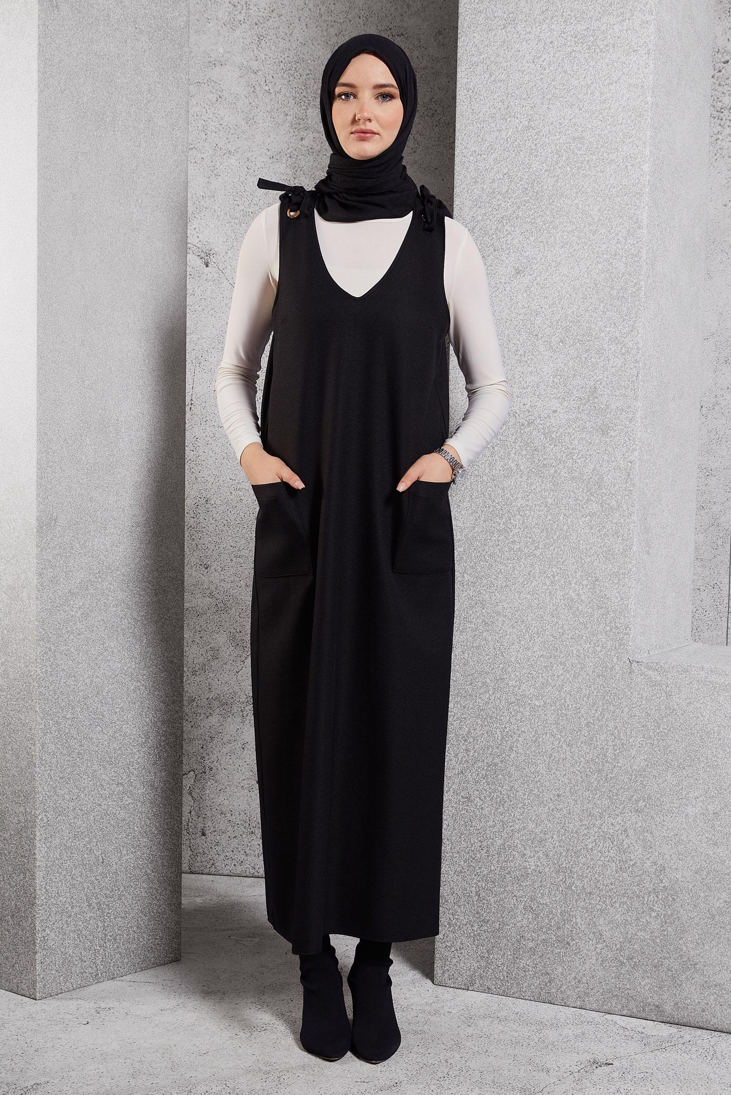 Hijab clothing BLACK V COLLAR PINAFORE DRESS 45077