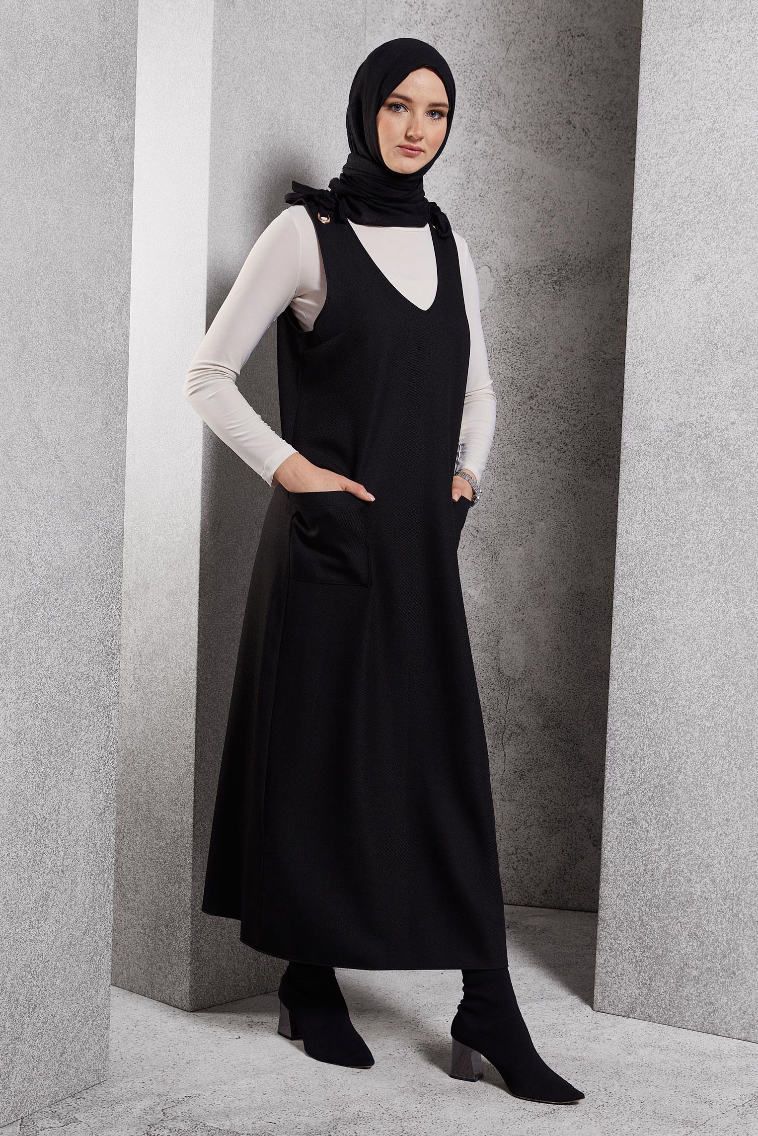 Hijab clothing BLACK V COLLAR PINAFORE DRESS 45077