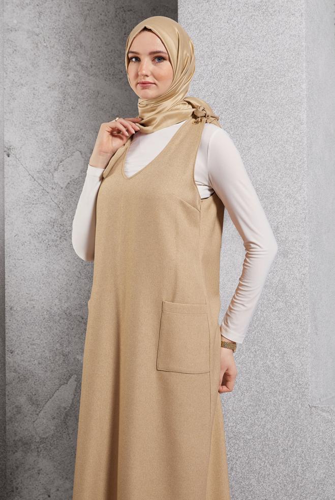Tesettür giyim BEJ V YAKA JİLE ELBİSE 45077 - ALVİNA