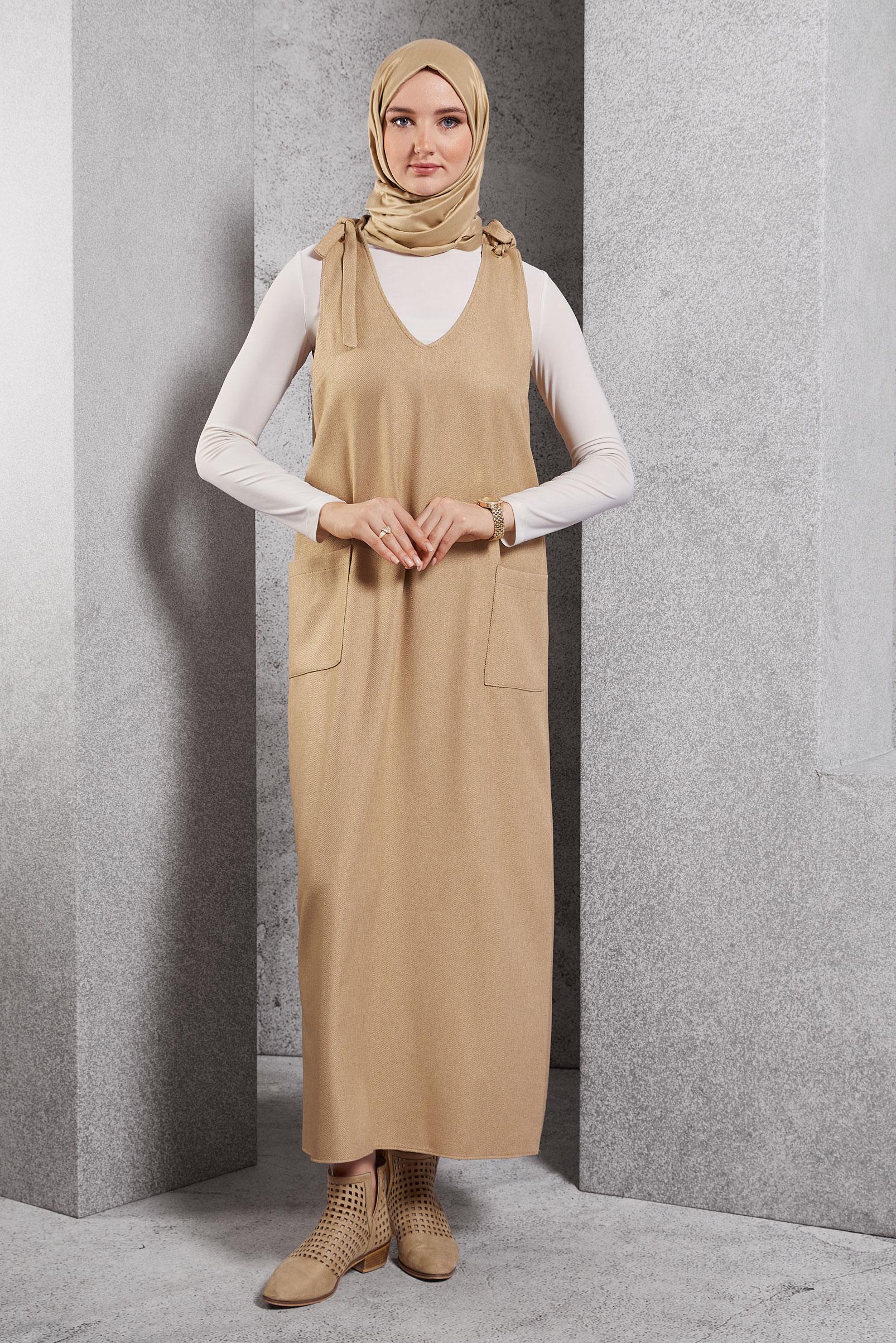 Hijab clothing BEIGE V COLLAR PINAFORE DRESS 45077