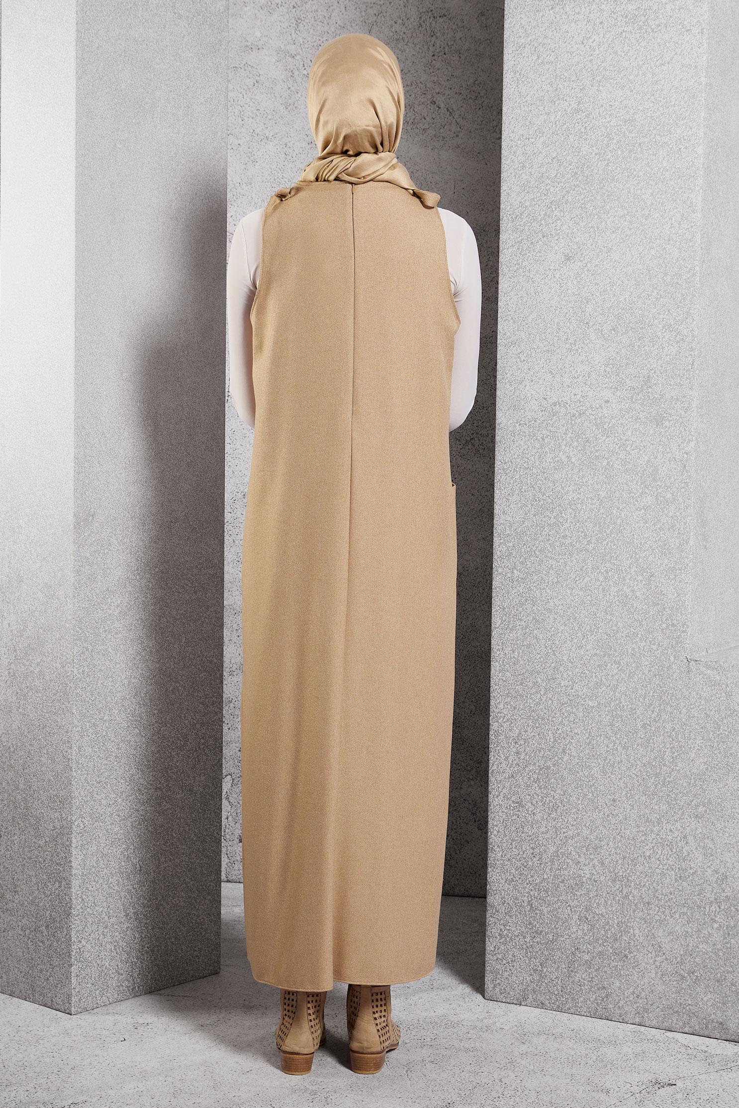 Hijab clothing BEIGE V COLLAR PINAFORE DRESS 45077