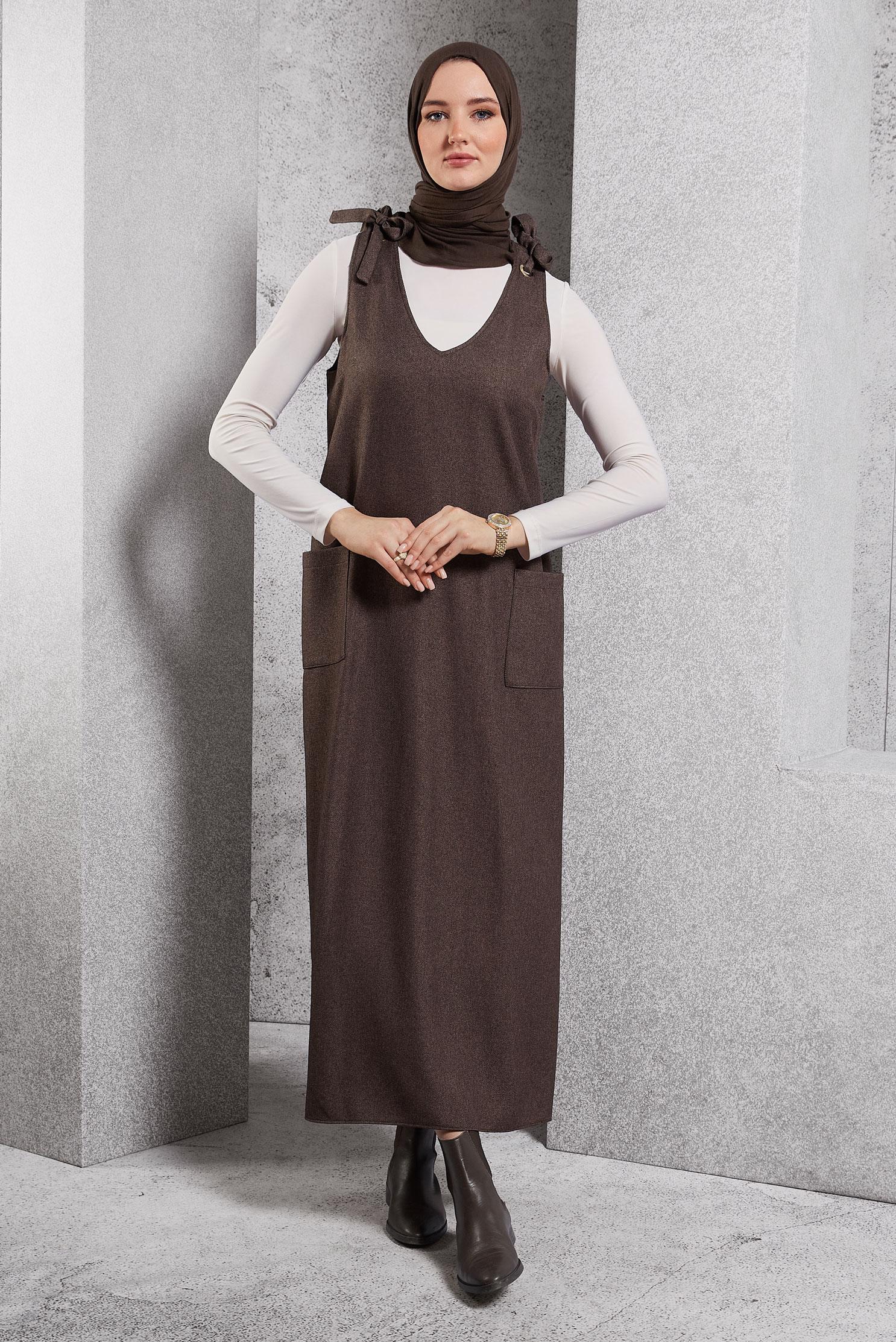 Hijab clothing BROWN V COLLAR PINAFORE DRESS 45077