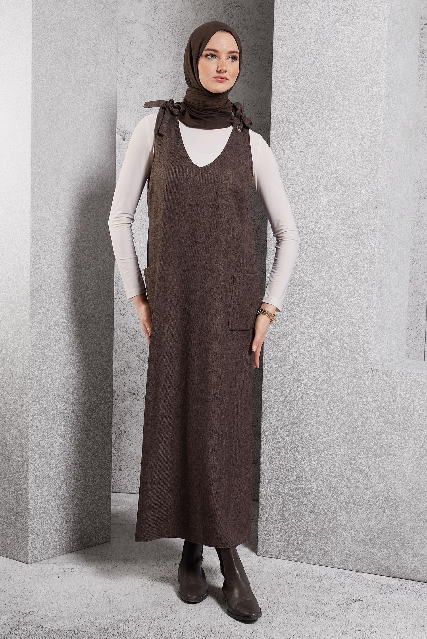 Hijab clothing BROWN V COLLAR PINAFORE DRESS 45077