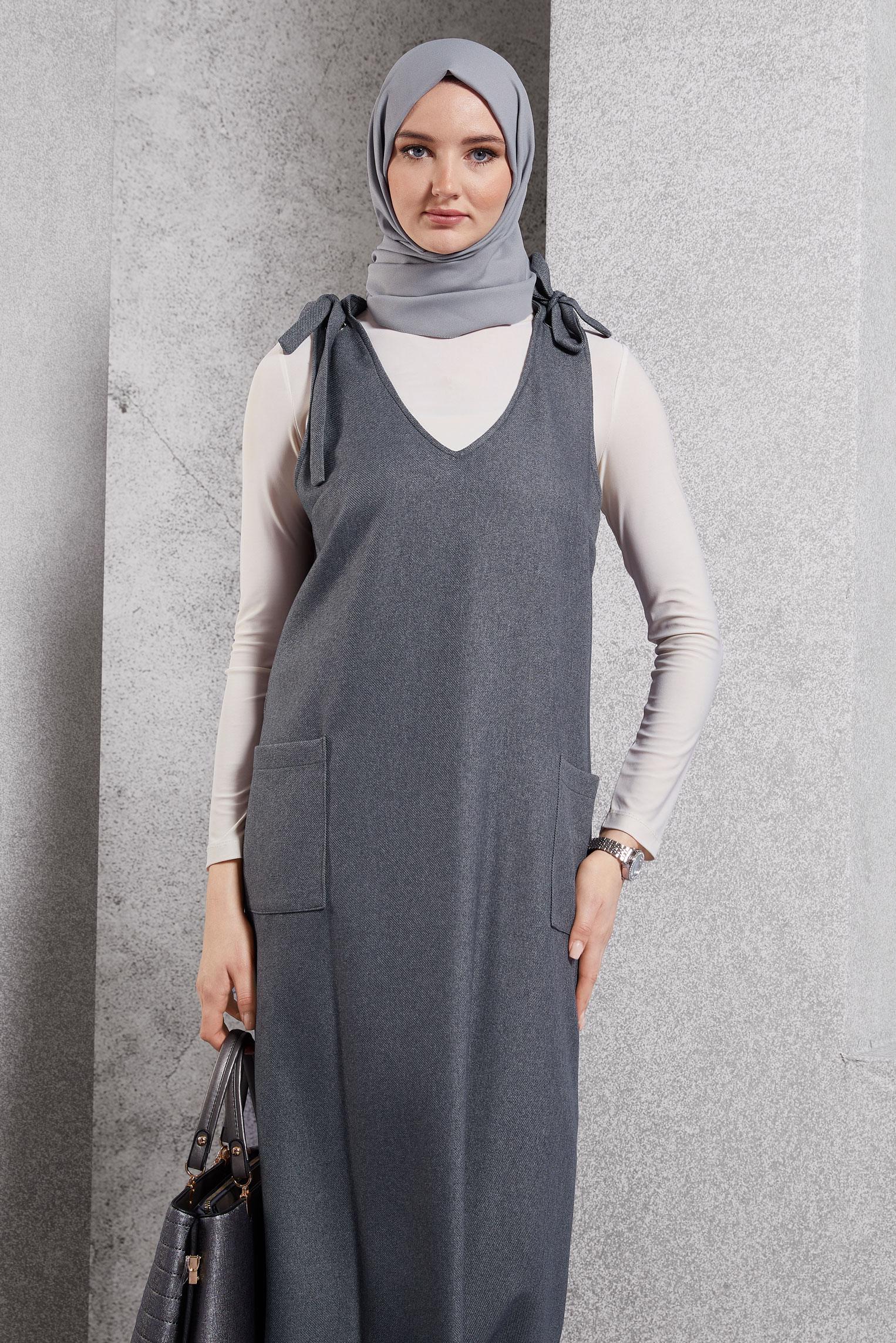 Hijab clothing GREY V COLLAR PINAFORE DRESS 45077