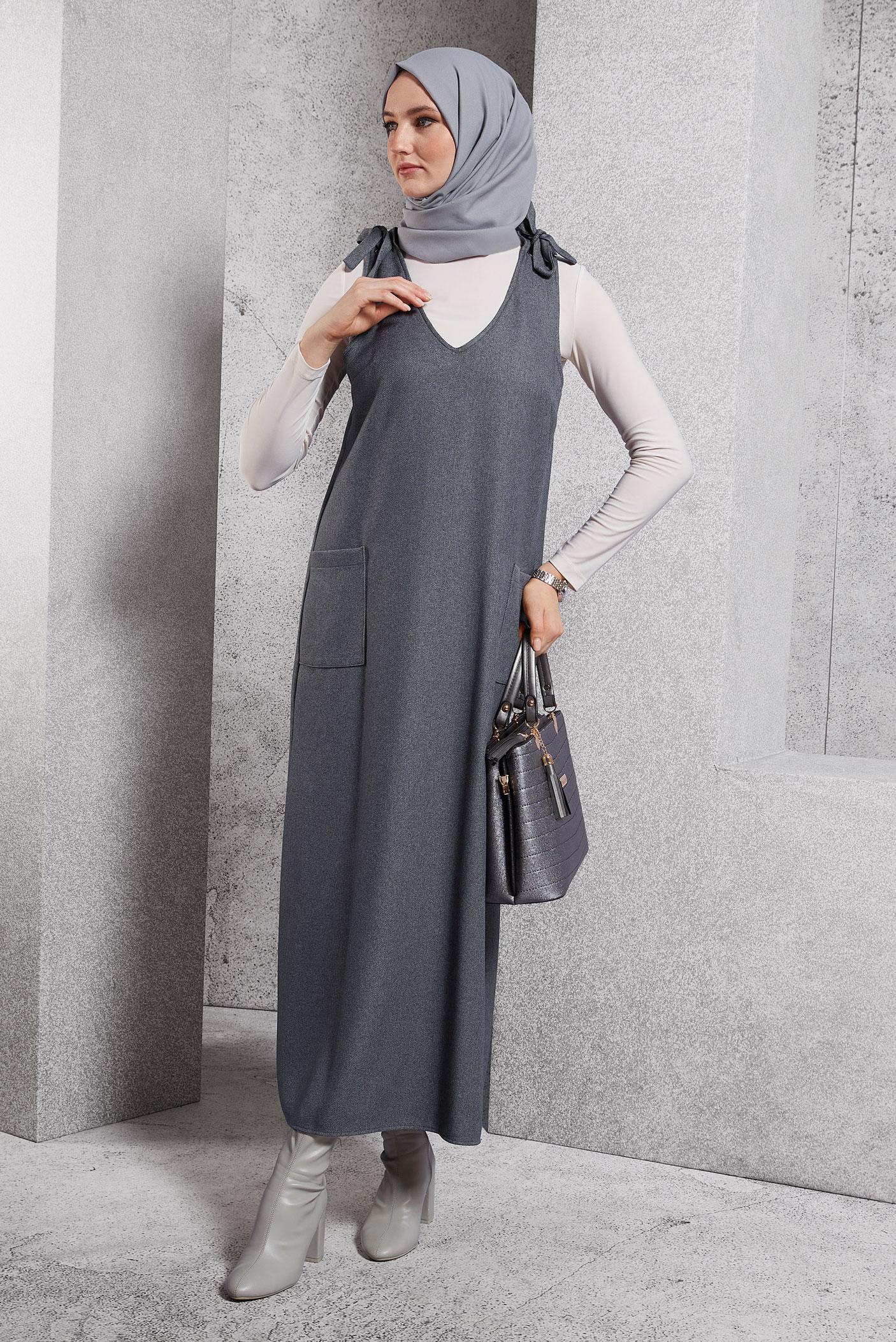 Hijab clothing GREY V COLLAR PINAFORE DRESS 45077