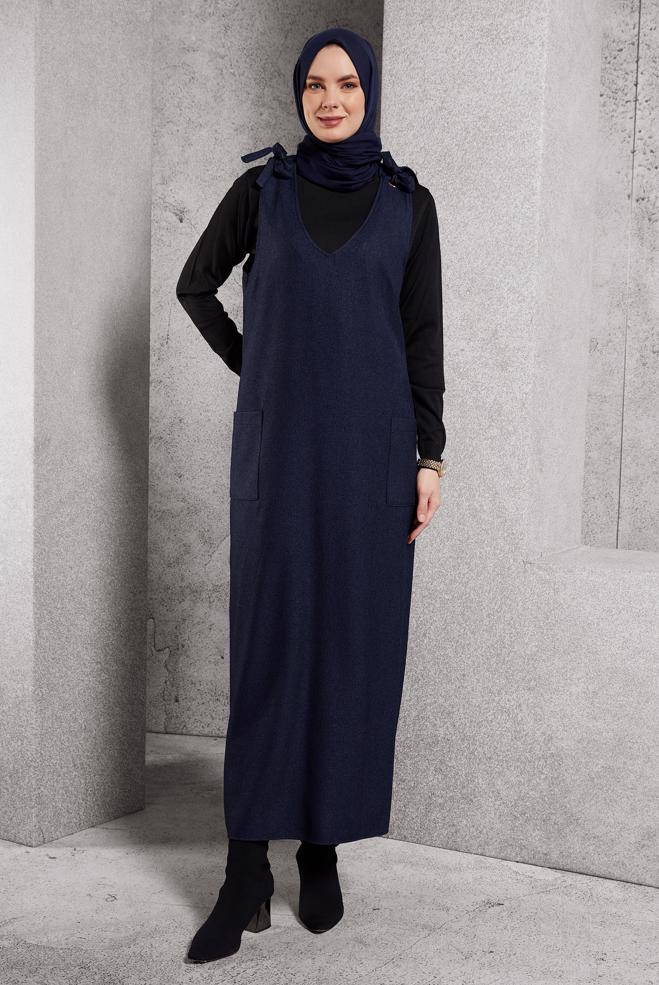Tesettür giyim LACİVERT V YAKA JİLE ELBİSE 45077 - ALVİNA
