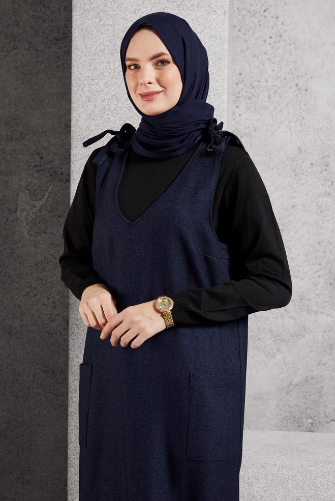 Tesettür giyim LACİVERT V YAKA JİLE ELBİSE 45077 - ALVİNA