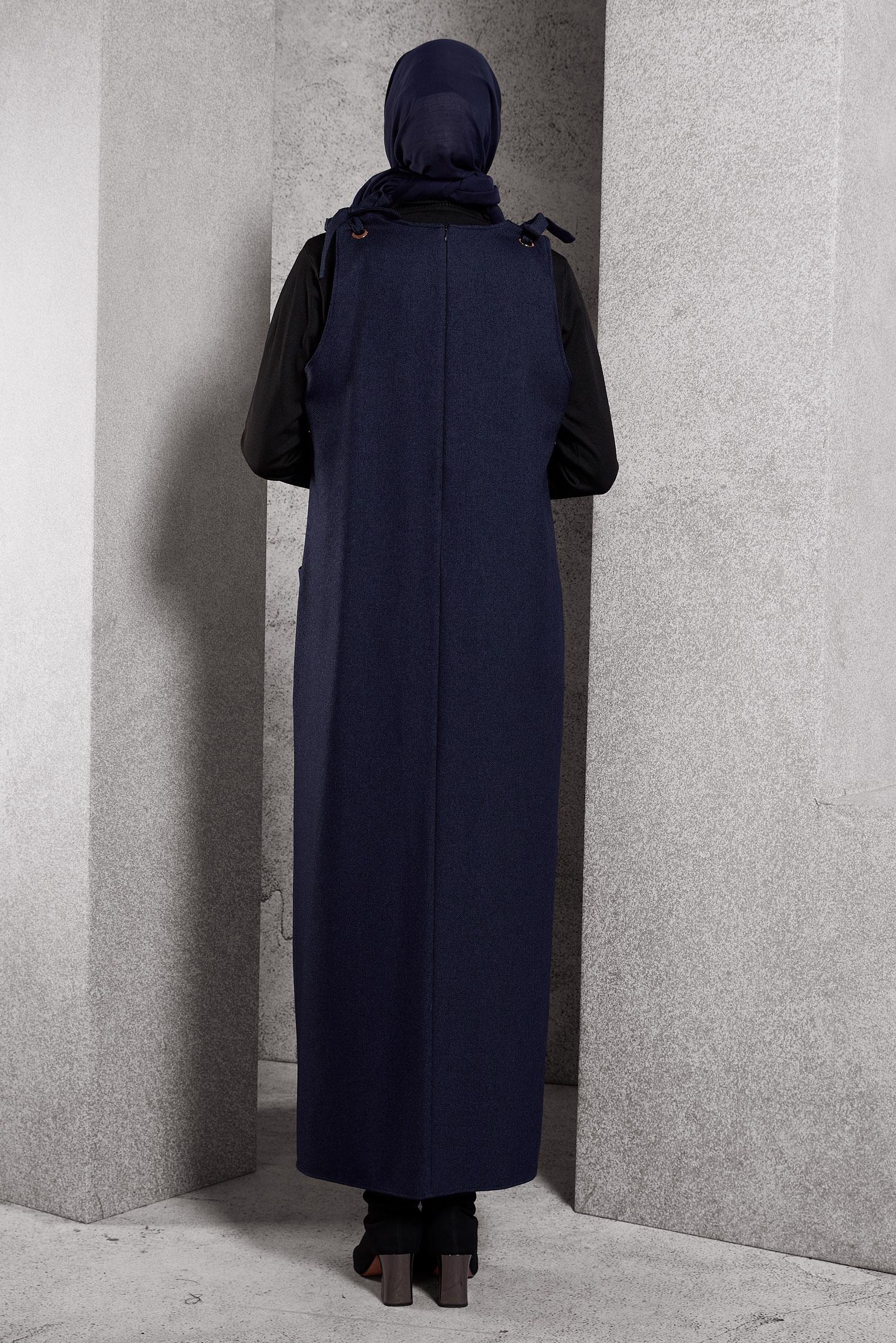 Tesettür giyim LACİVERT V YAKA JİLE ELBİSE 45077