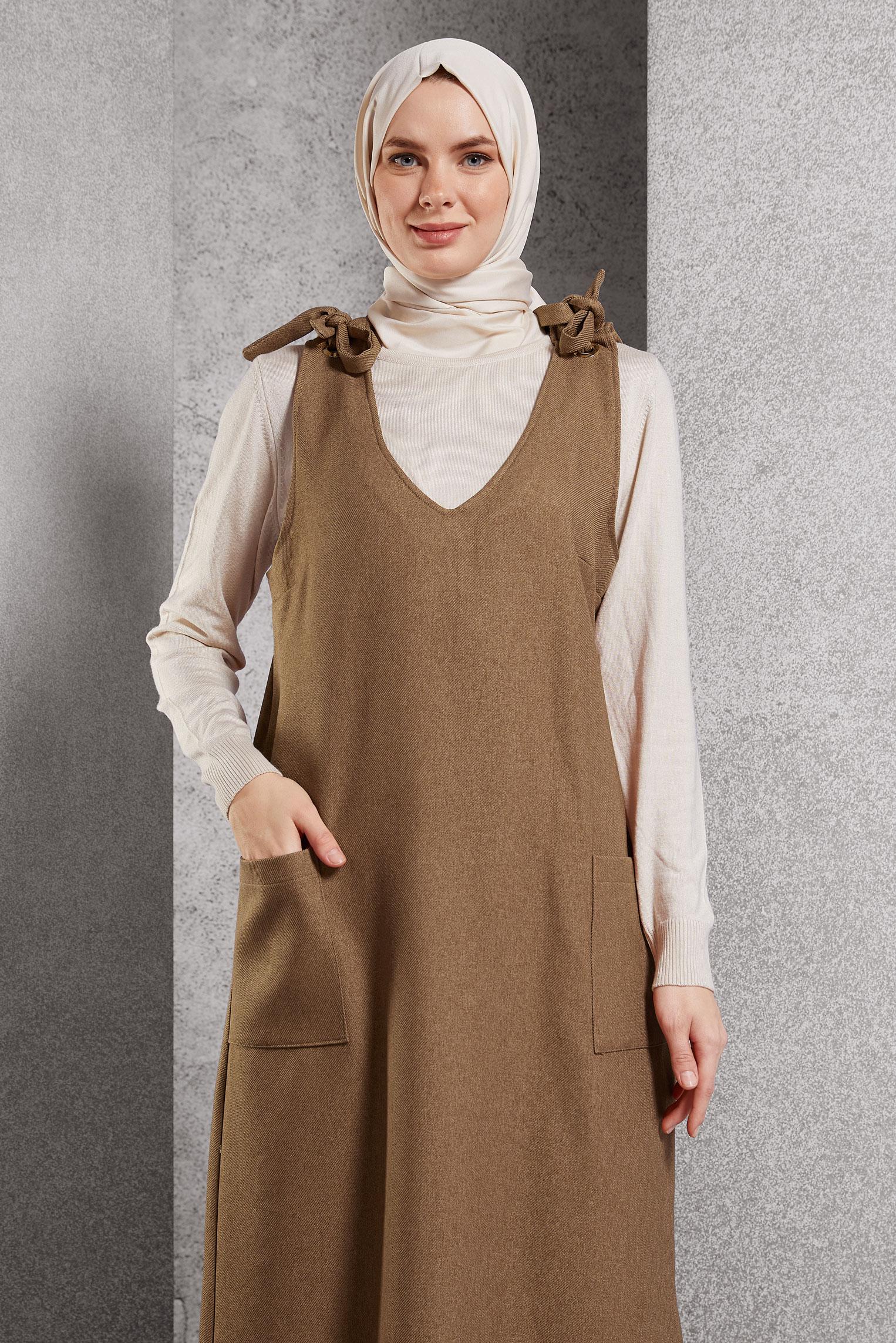 Tesettür giyim TABA V YAKA JİLE ELBİSE 45077