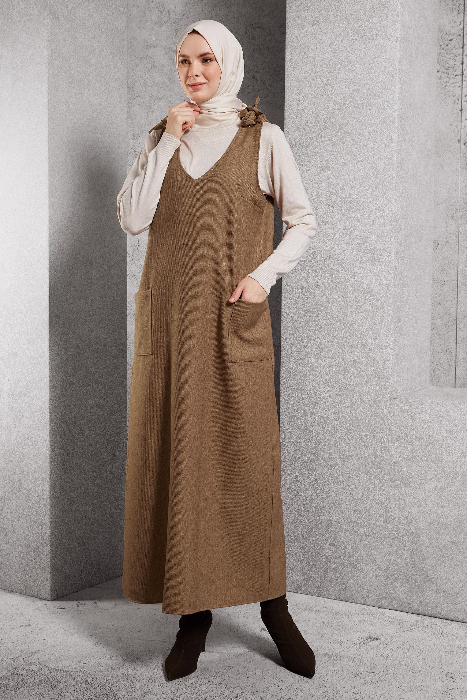 Tesettür giyim TABA V YAKA JİLE ELBİSE 45077