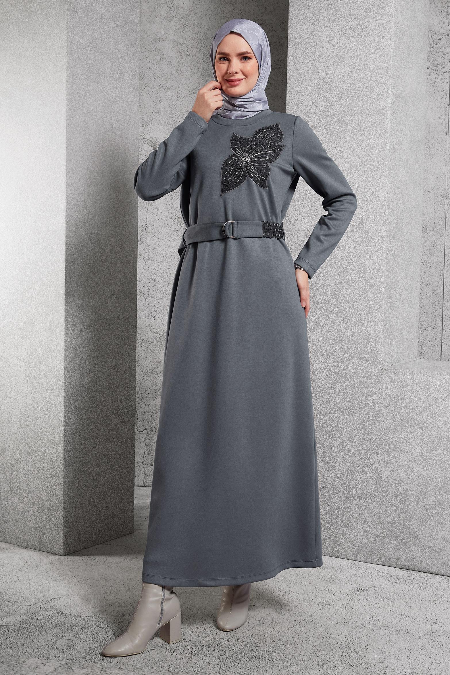 Vêtements hijab GRIS ROBE CEINTURE 45106