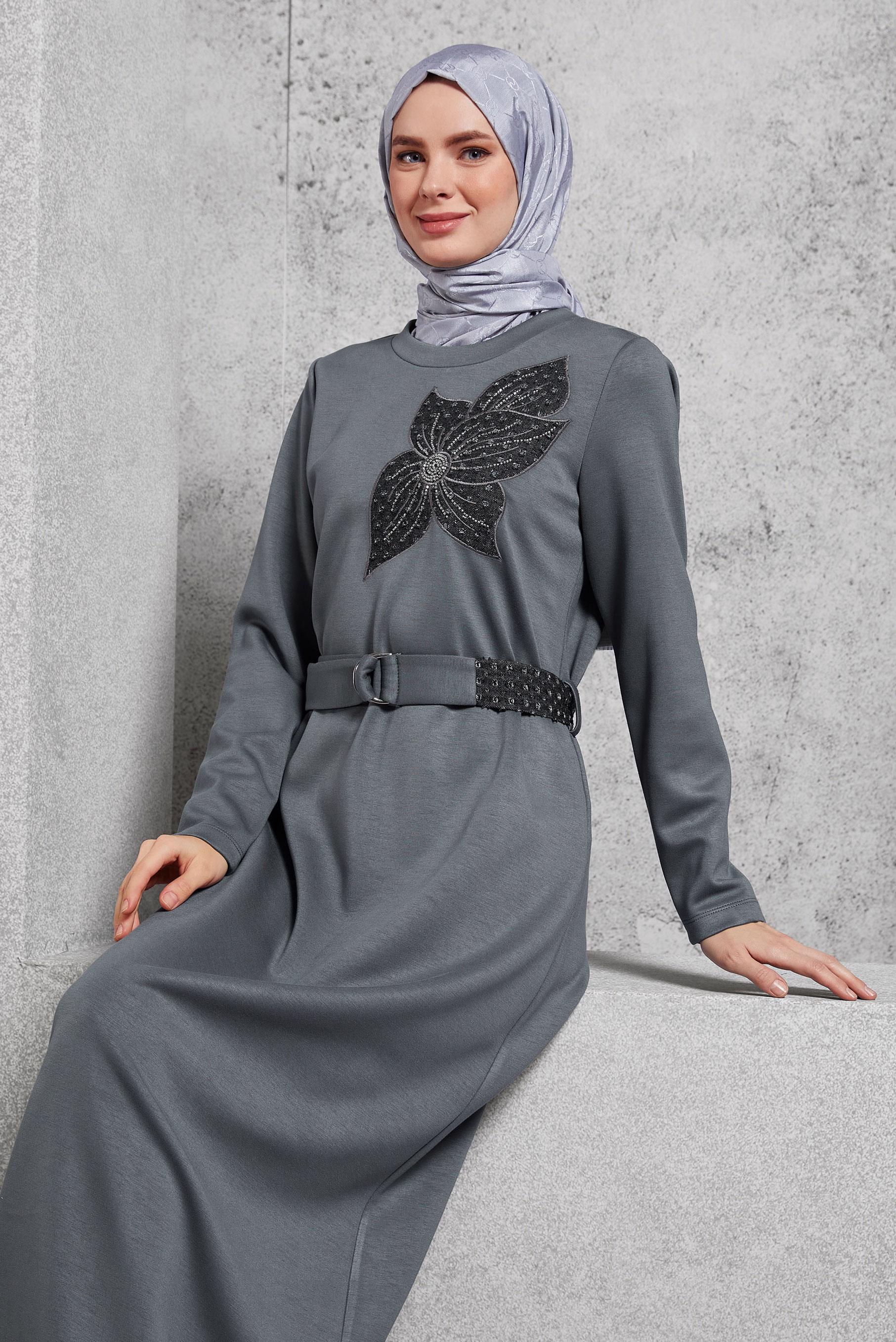 Vêtements hijab GRIS ROBE CEINTURE 45106
