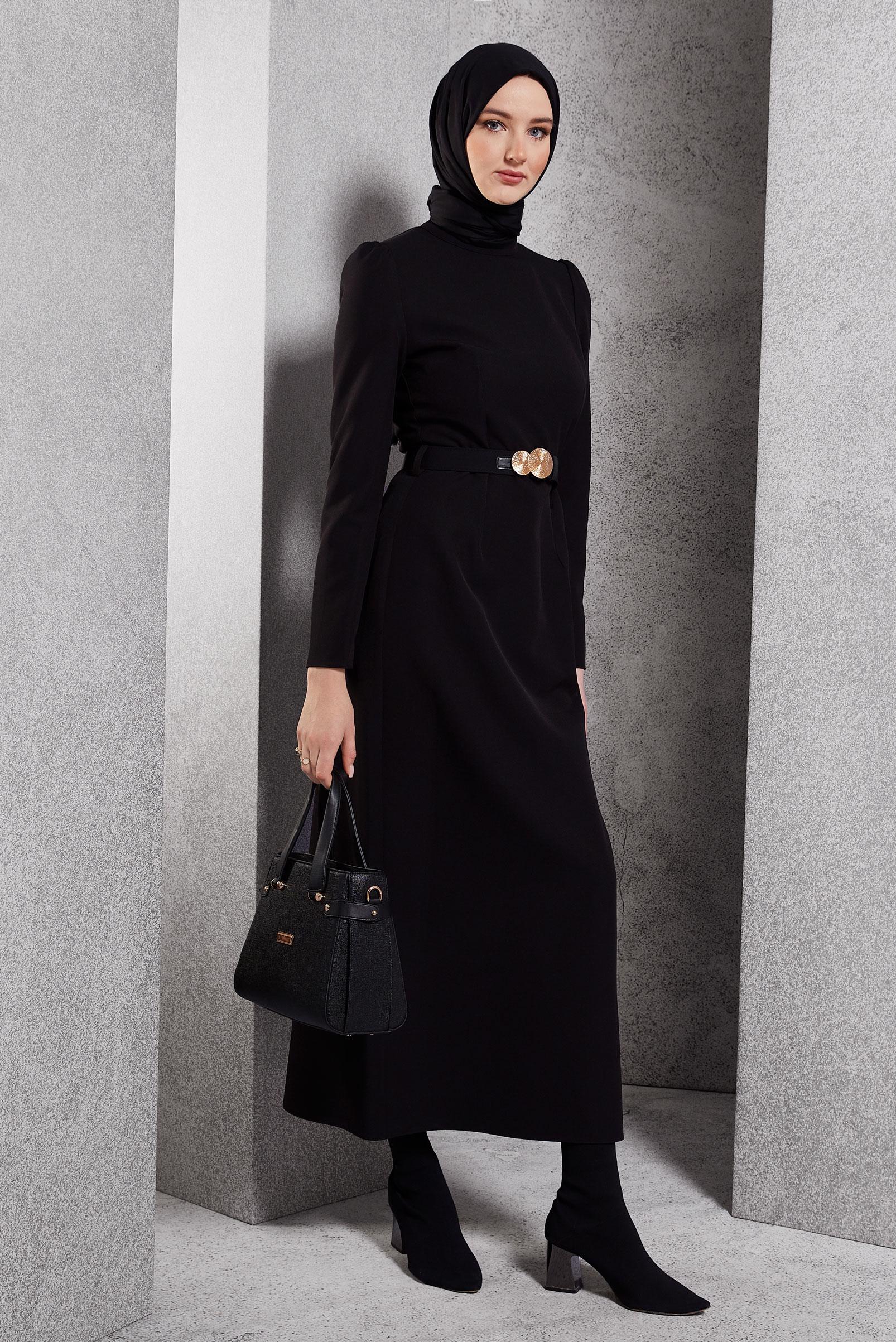 Tesettür giyim SİYAH KEMERLİ TESETTÜR ELBİSE 45121