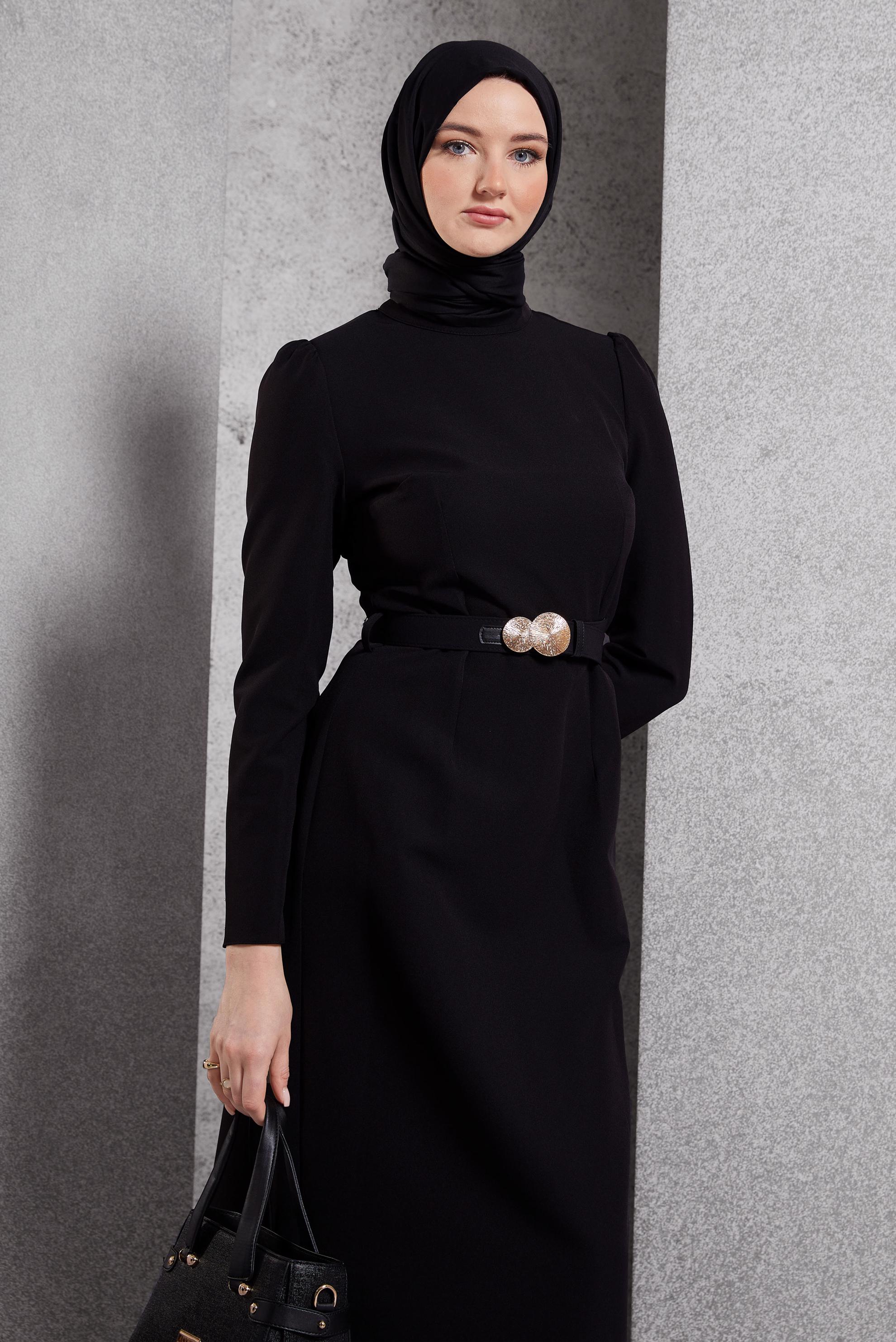 Tesettür giyim SİYAH KEMERLİ TESETTÜR ELBİSE 45121