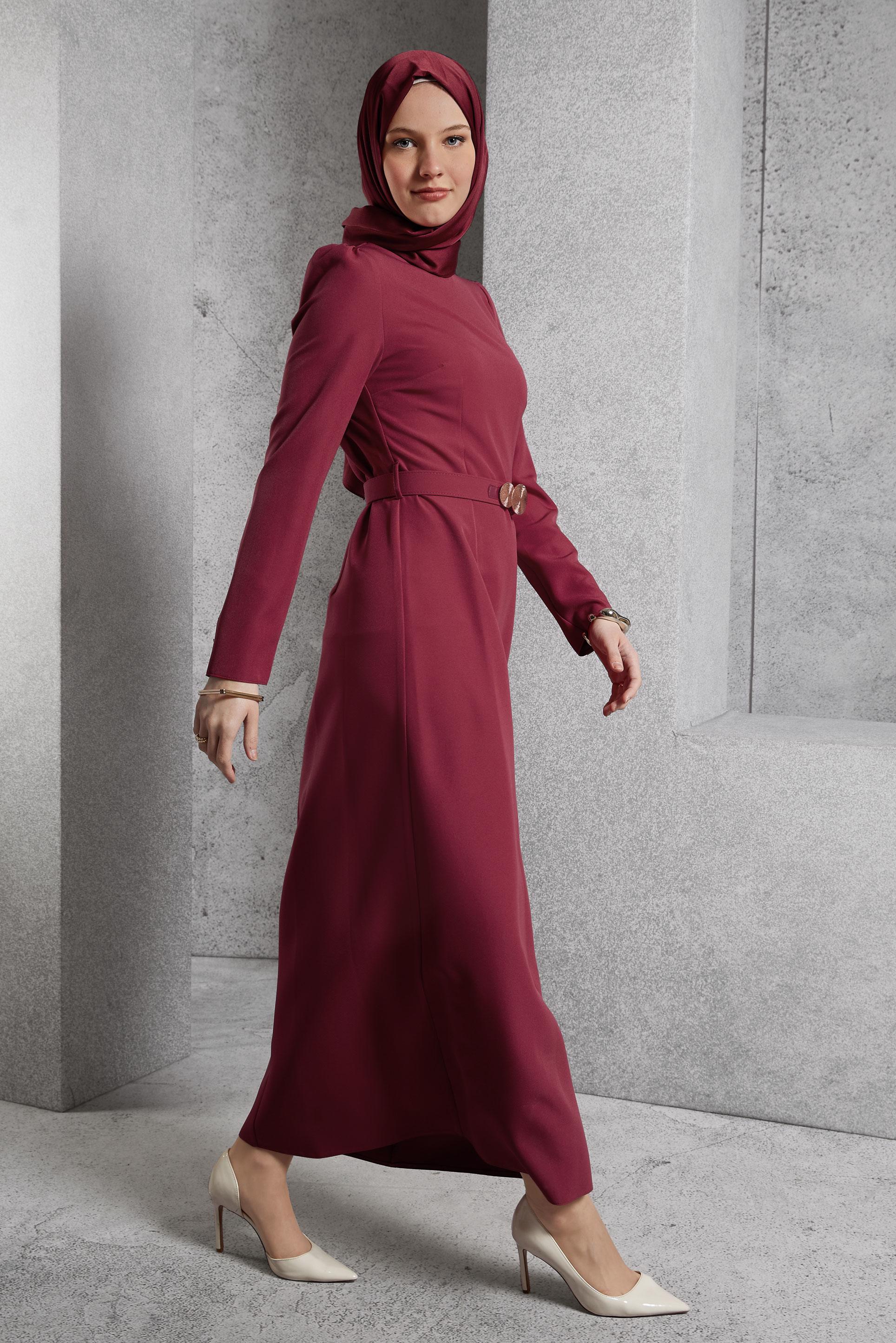 Tesettür giyim FUŞYA KEMERLİ TESETTÜR ELBİSE 45121