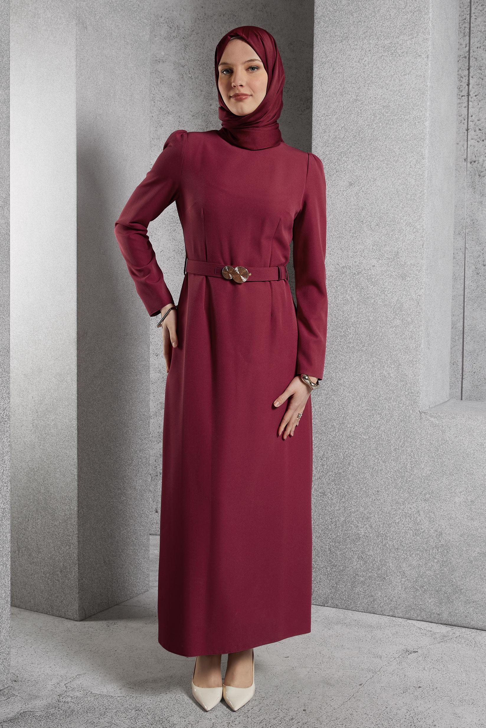 Tesettür giyim FUŞYA KEMERLİ TESETTÜR ELBİSE 45121