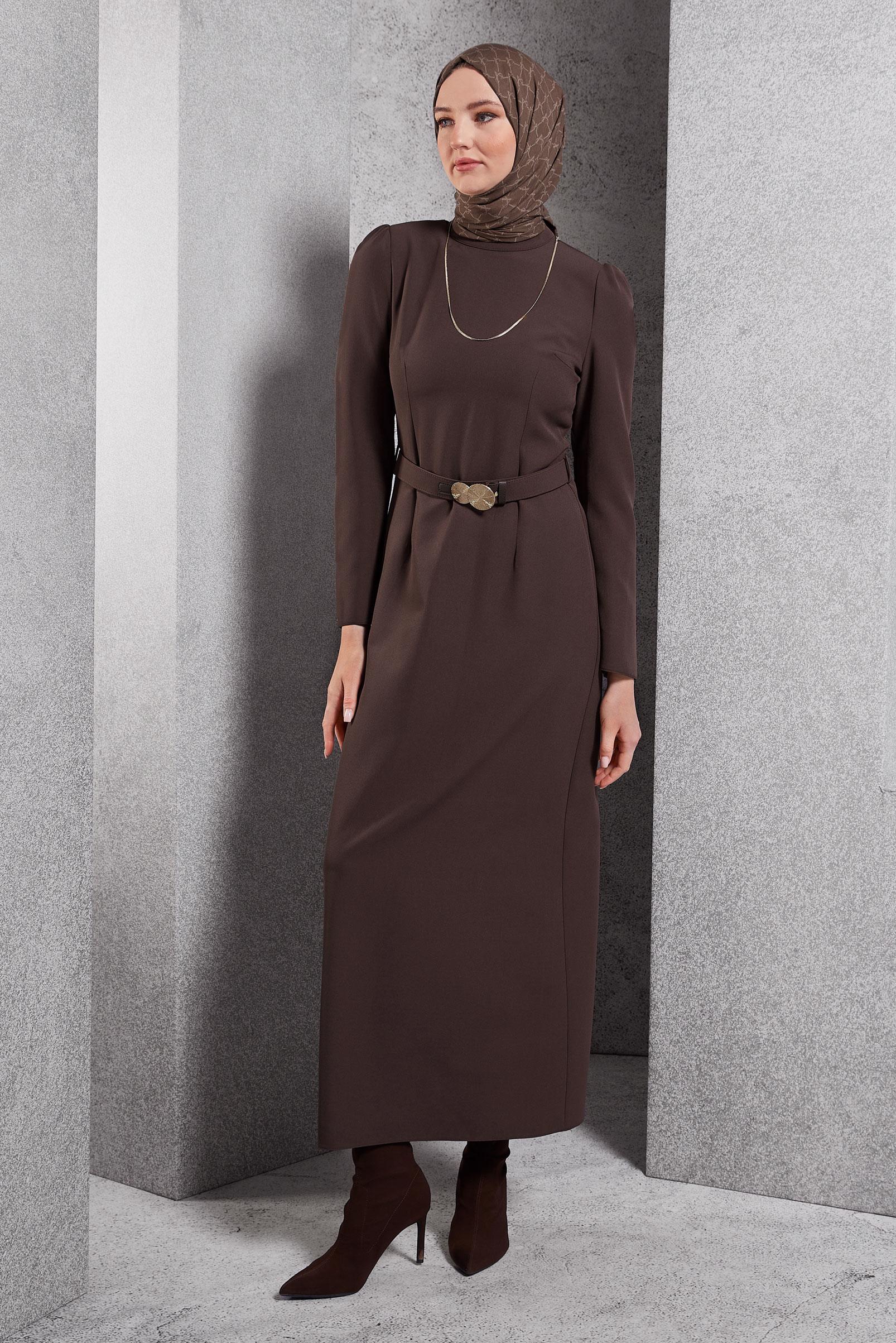 Tesettür giyim KAHVE KEMERLİ TESETTÜR ELBİSE 45121