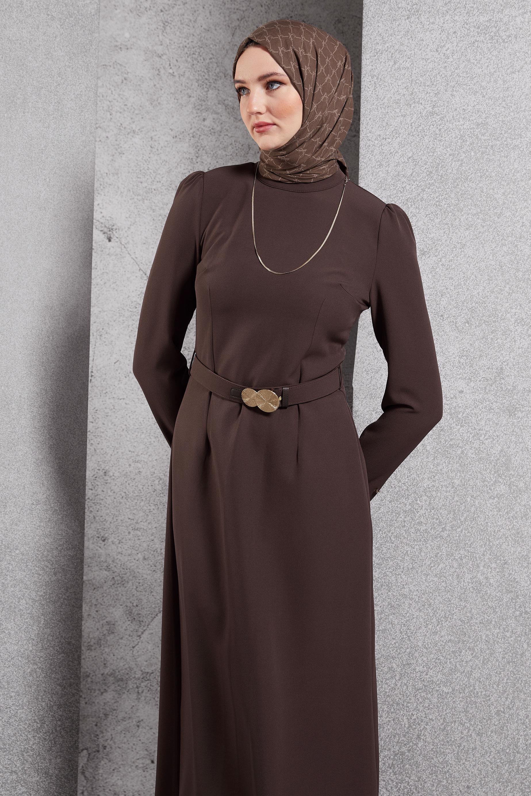 Tesettür giyim KAHVE KEMERLİ TESETTÜR ELBİSE 45121