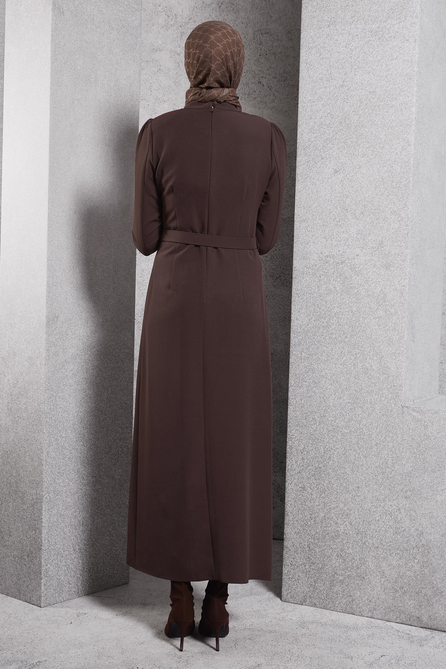 Tesettür giyim KAHVE KEMERLİ TESETTÜR ELBİSE 45121