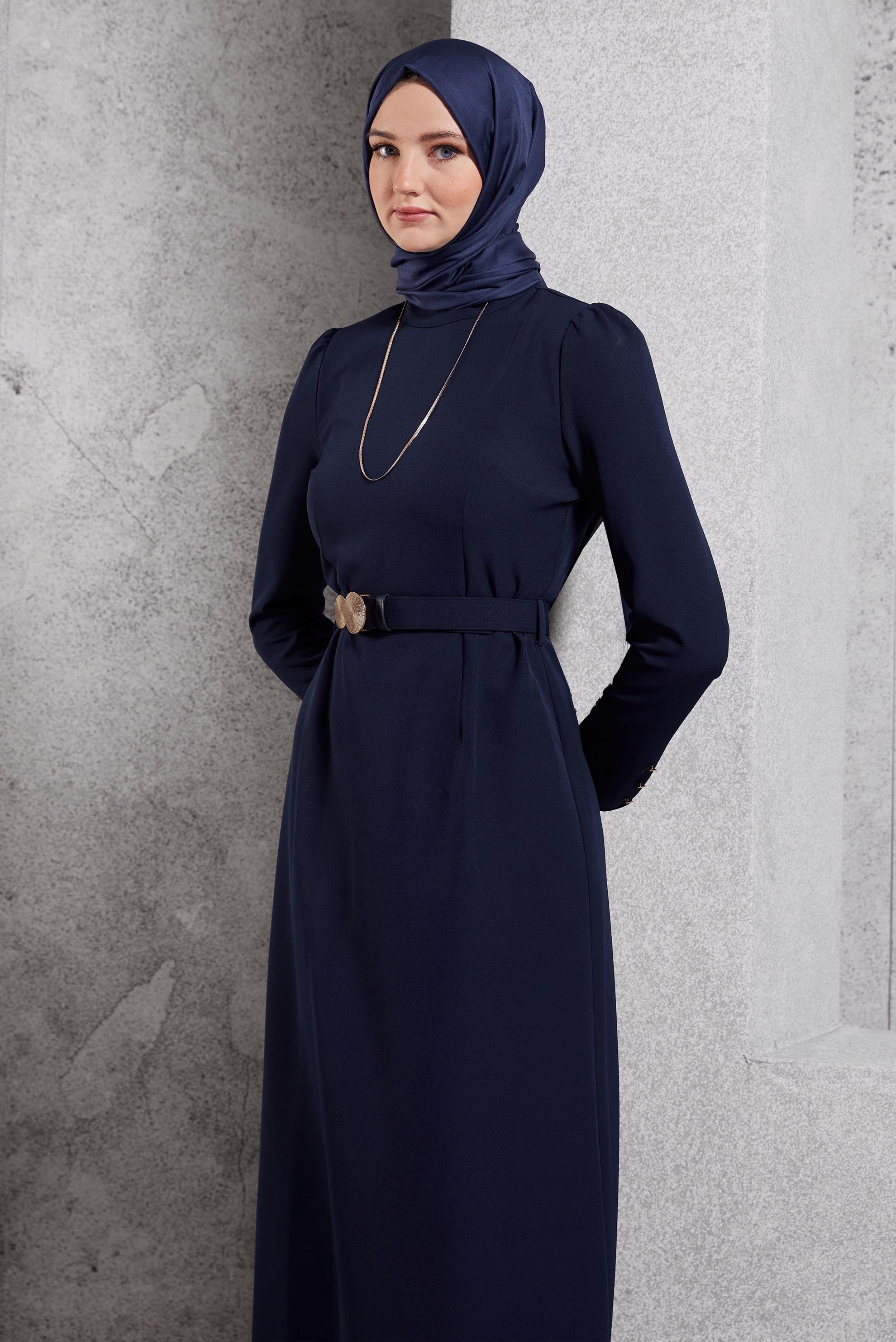 Tesettür giyim LACİVERT KEMERLİ TESETTÜR ELBİSE 45121